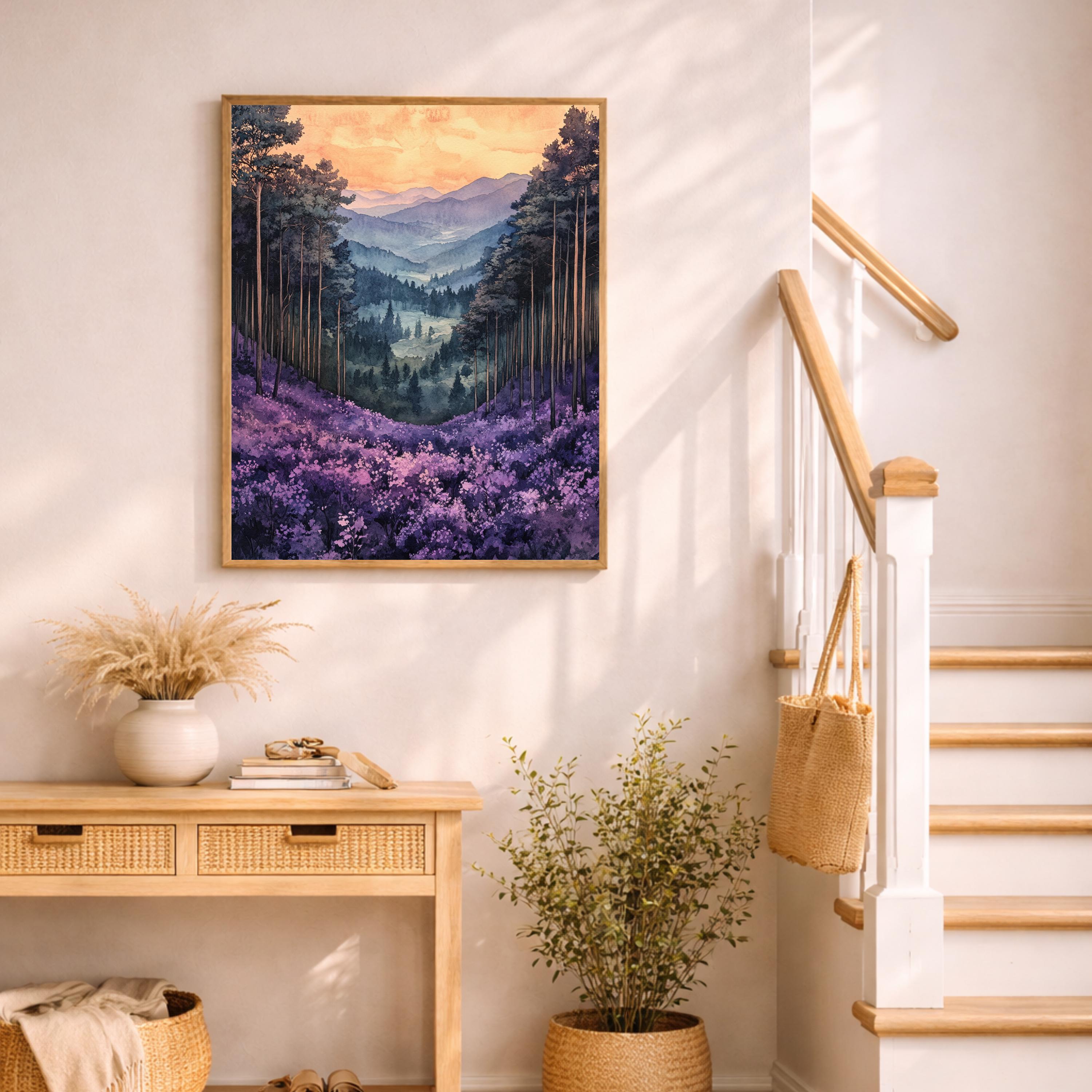 Purple Valley Wall Art, Lavender Mountain Landscape Print, Misty Forest Canvas, Dreamy Nature Artwork, Whimsical Woodland Decor for Bedroom