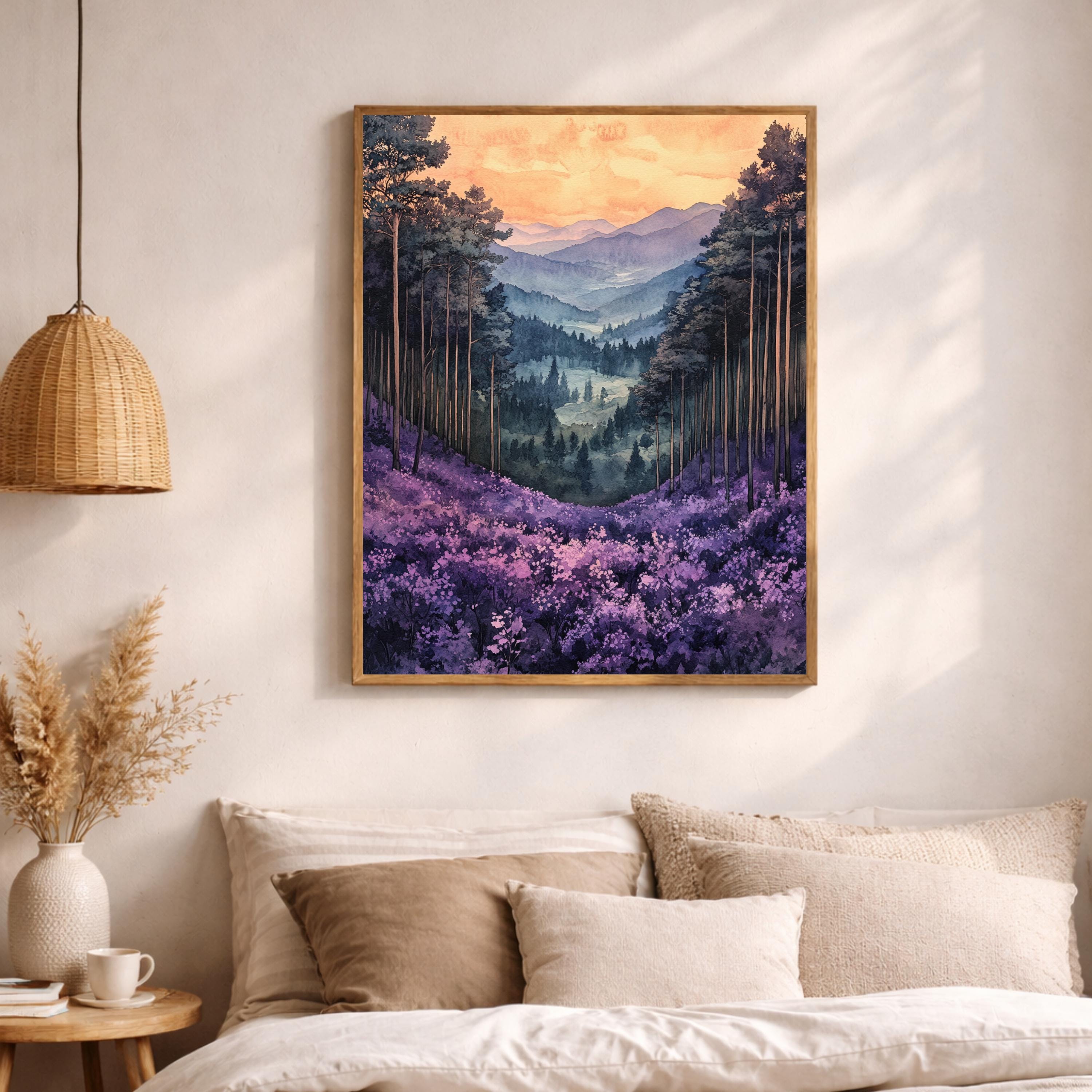 Purple Valley Wall Art, Lavender Mountain Landscape Print, Misty Forest Canvas, Dreamy Nature Artwork, Whimsical Woodland Decor for Bedroom
