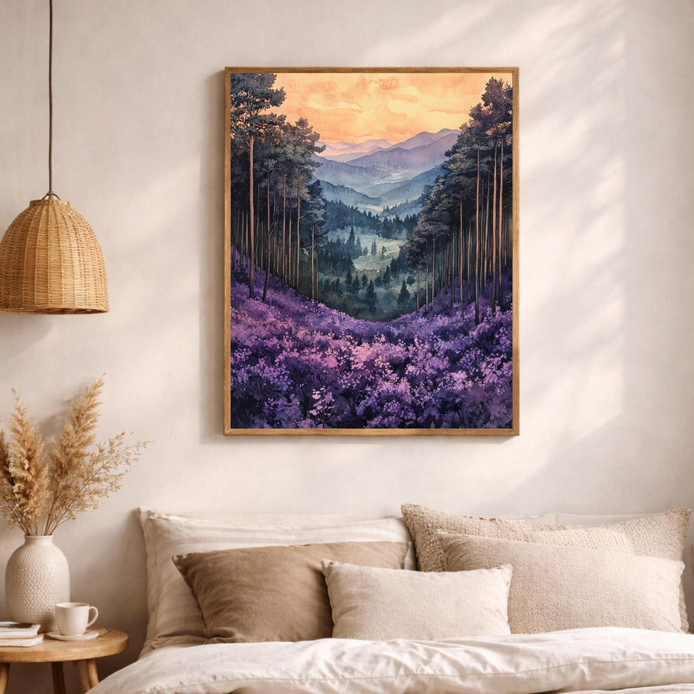Purple Valley Wall Art, Lavender Mountain Landscape Print, Misty Forest Canvas, Dreamy Nature Artwork, Whimsical Woodland Decor for Bedroom