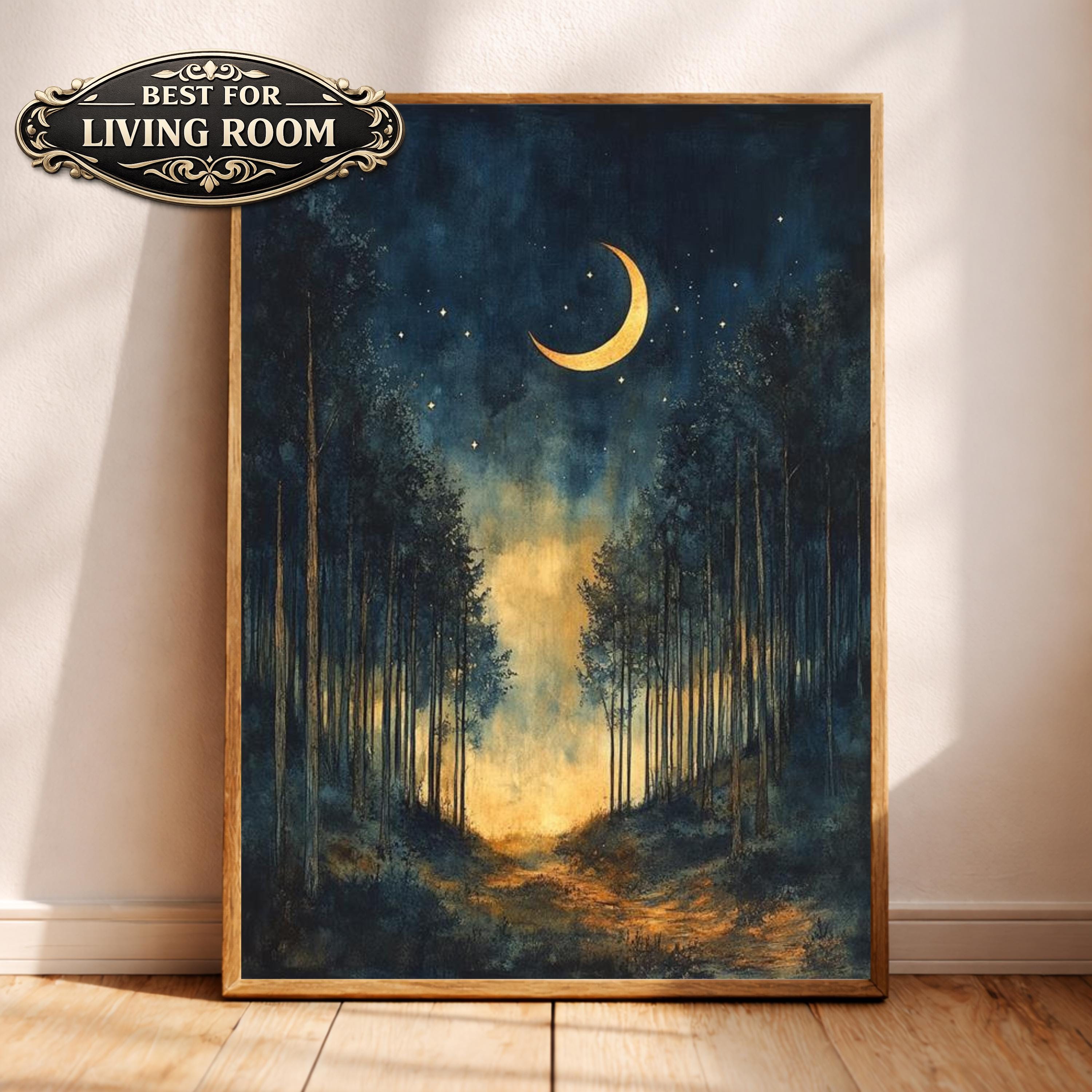Crescent Moon Wall Art, Night Forest Path Print, Dark Woodland Landscape Canvas, Moody Nature Artwork, Mystical Forest Decor for Living Room