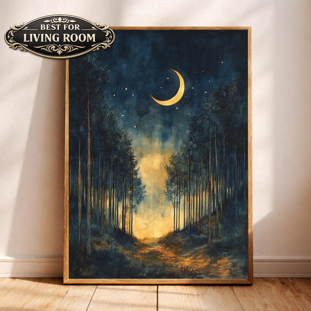Crescent Moon Wall Art, Night Forest Path Print, Dark Woodland Landscape Canvas, Moody Nature Artwork, Mystical Forest Decor for Living Room