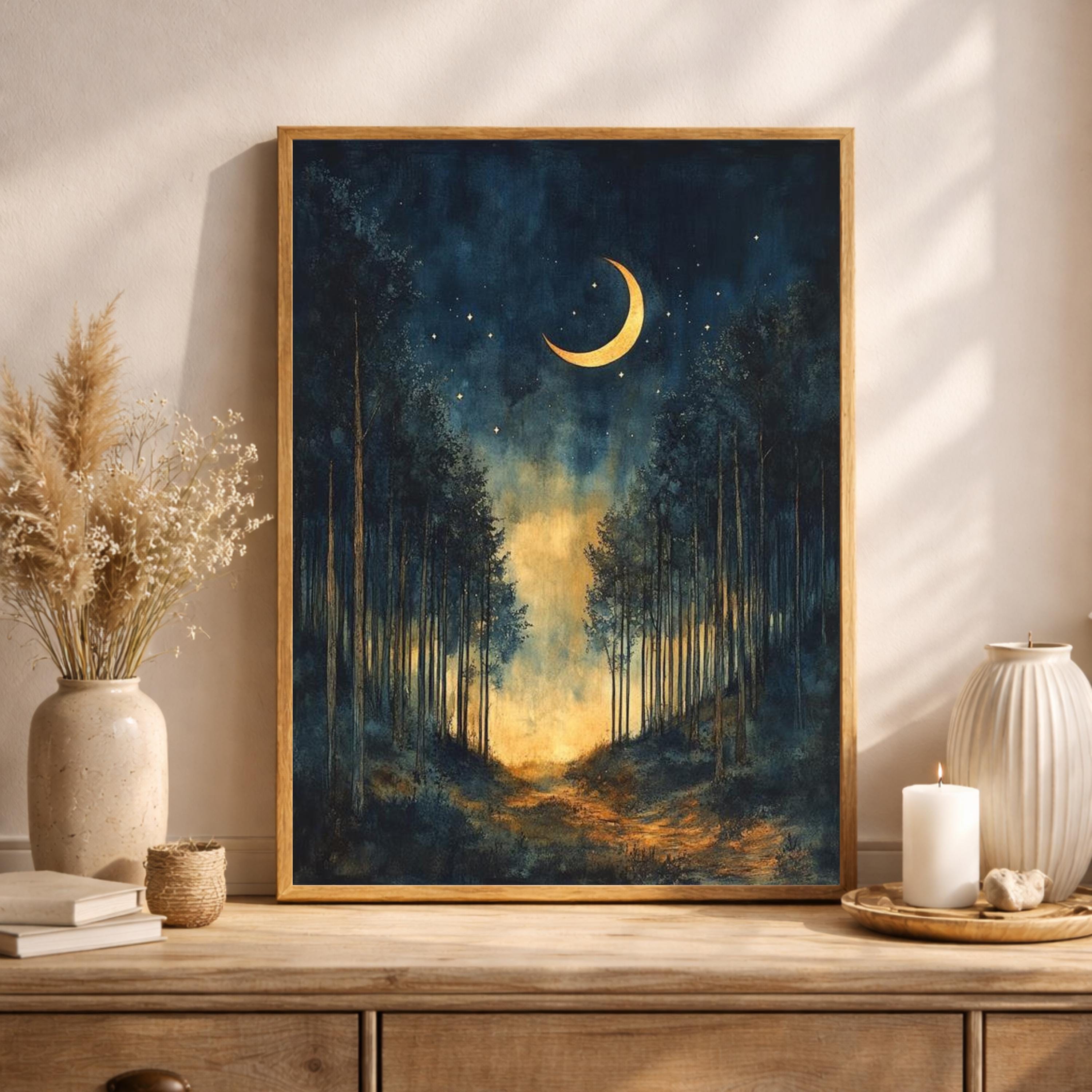 Crescent Moon Wall Art, Night Forest Path Print, Dark Woodland Landscape Canvas, Moody Nature Artwork, Mystical Forest Decor for Living Room