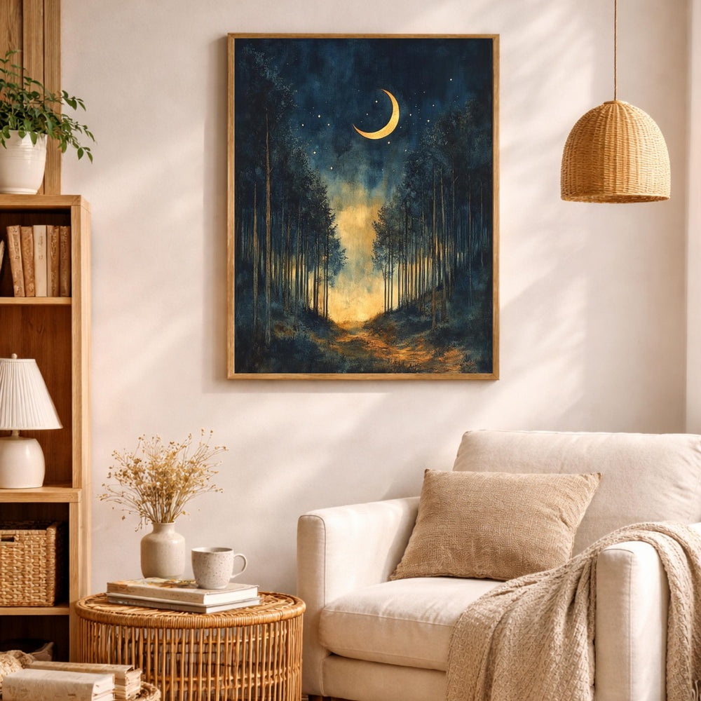 Crescent Moon Wall Art, Night Forest Path Print, Dark Woodland Landscape Canvas, Moody Nature Artwork, Mystical Forest Decor for Living Room