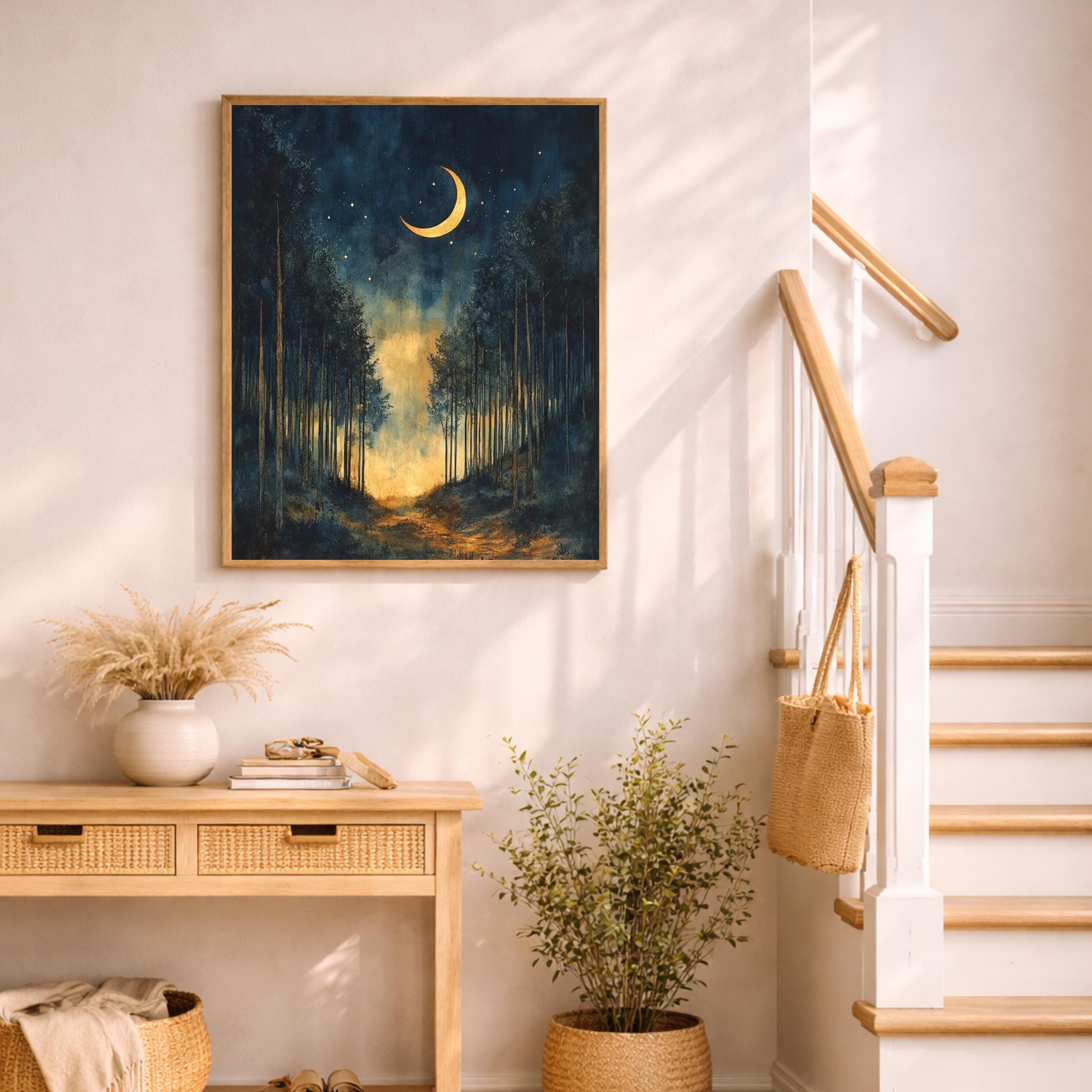 Crescent Moon Wall Art, Night Forest Path Print, Dark Woodland Landscape Canvas, Moody Nature Artwork, Mystical Forest Decor for Living Room