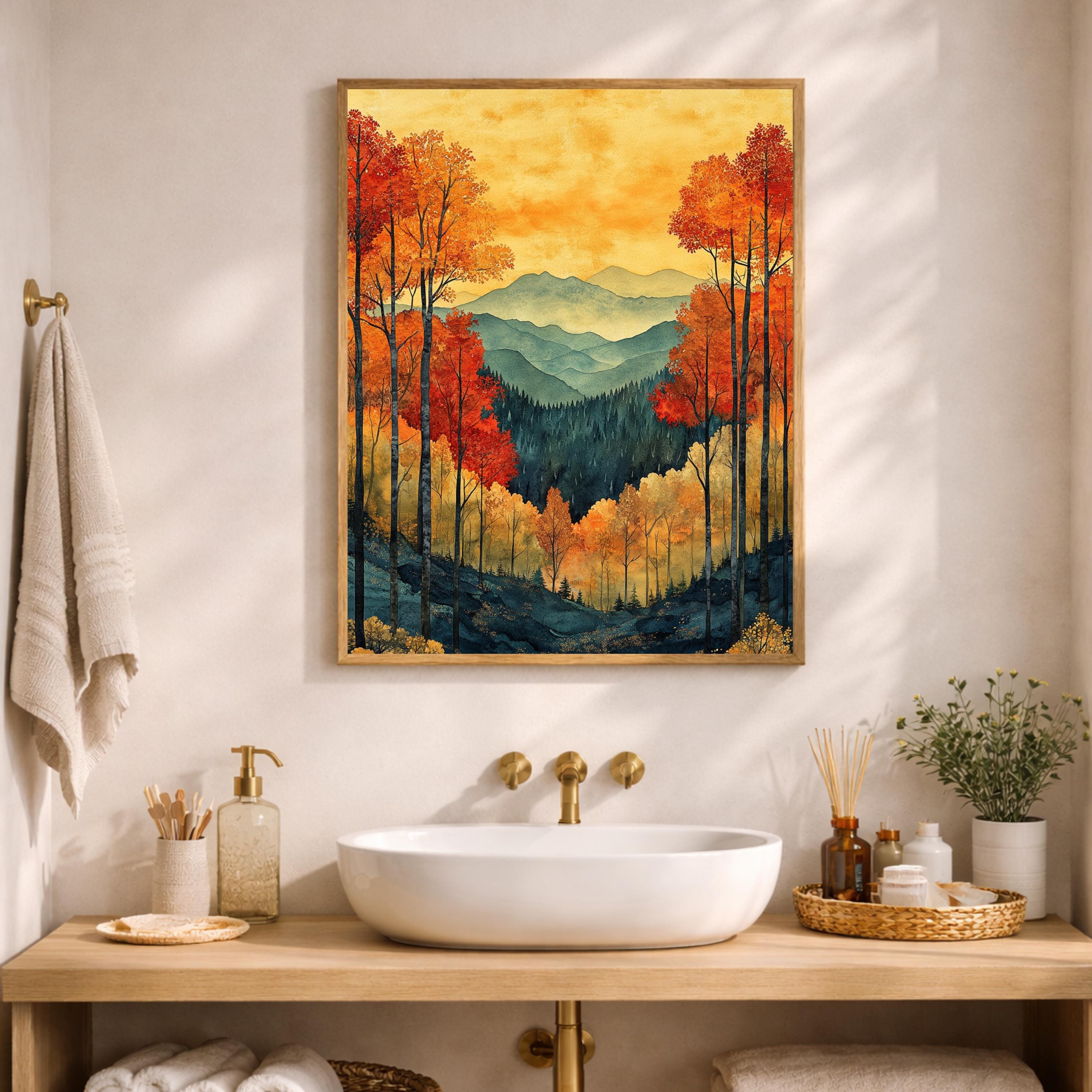 Autumn Forest Wall Art, Fall Mountain Landscape Canvas, Orange Tree Print, Nature Home Decor, Cozy Autumn Artwork for Bedroom