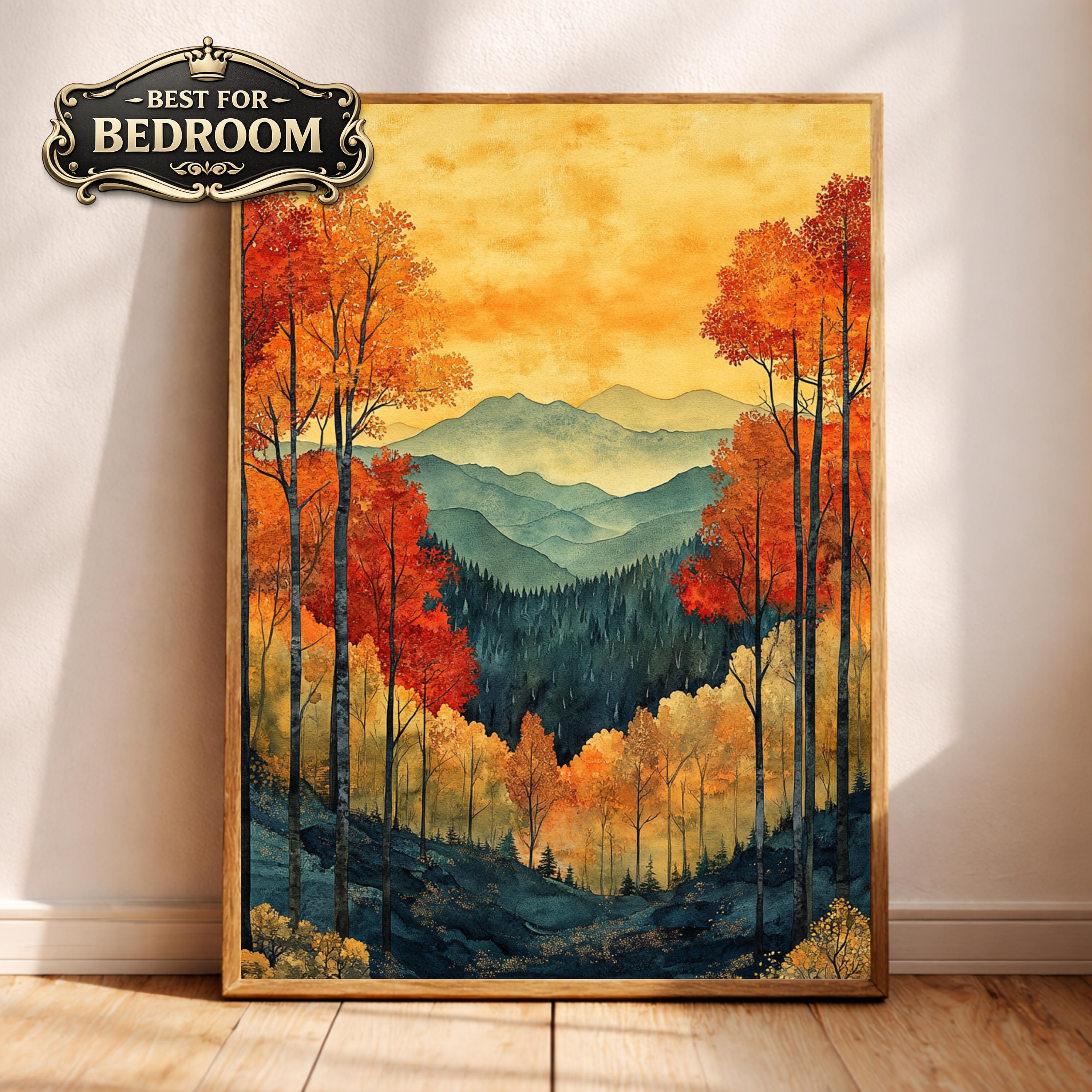 Autumn Forest Wall Art, Fall Mountain Landscape Canvas, Orange Tree Print, Nature Home Decor, Cozy Autumn Artwork for Bedroom