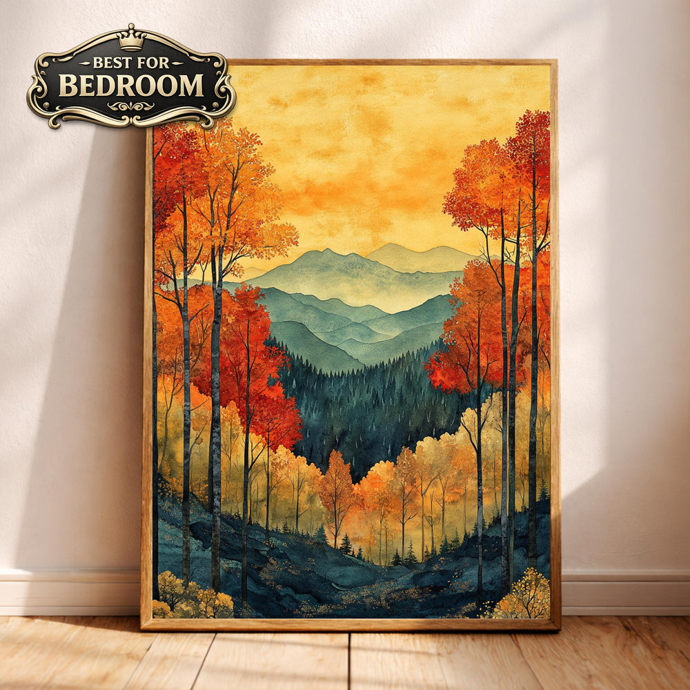 Autumn Forest Wall Art, Fall Mountain Landscape Canvas, Orange Tree Print, Nature Home Decor, Cozy Autumn Artwork for Bedroom