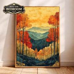 Autumn Forest Wall Art, Fall Mountain Landscape Canvas, Orange Tree Print, Nature Home Decor, Cozy Autumn Artwork for Bedroom