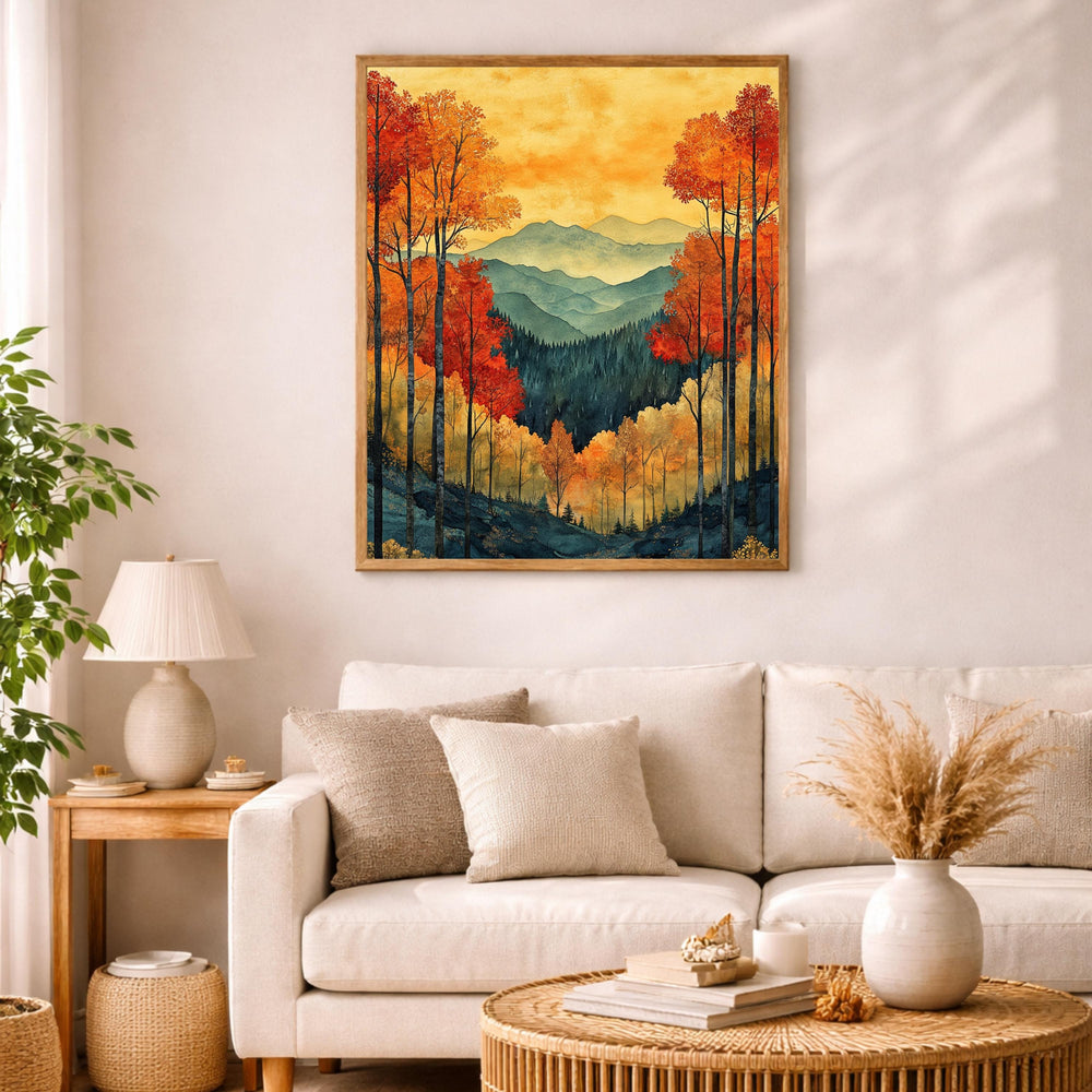Autumn Forest Wall Art, Fall Mountain Landscape Canvas, Orange Tree Print, Nature Home Decor, Cozy Autumn Artwork for Bedroom