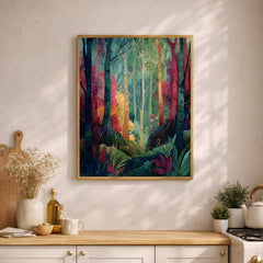 Botanical Forest Wall Art, Colorful Woodland Print, Whimsical Nature Artwork, Decorative Forest Canvas, Artistic Tree Decor for Living Room