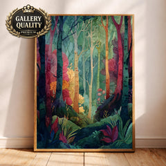 Botanical Forest Wall Art, Colorful Woodland Print, Whimsical Nature Artwork, Decorative Forest Canvas, Artistic Tree Decor for Living Room