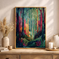 Botanical Forest Wall Art, Colorful Woodland Print, Whimsical Nature Artwork, Decorative Forest Canvas, Artistic Tree Decor for Living Room