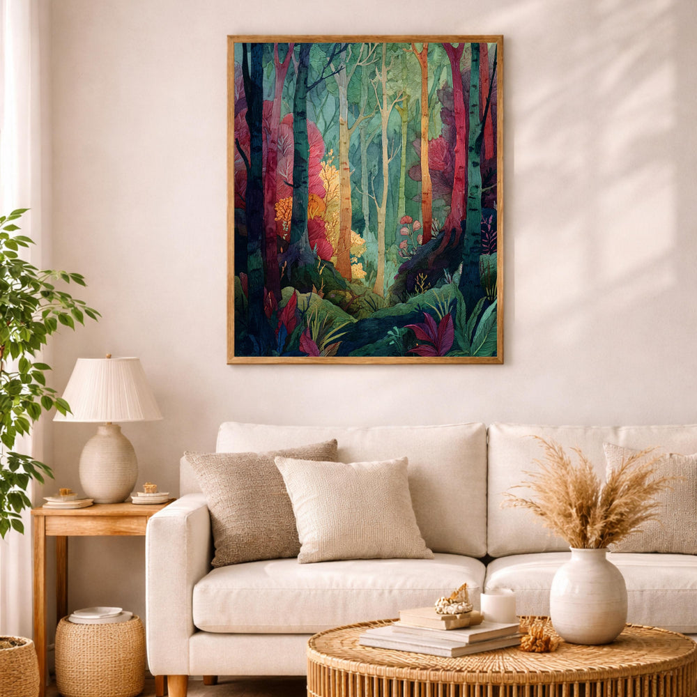 Botanical Forest Wall Art, Colorful Woodland Print, Whimsical Nature Artwork, Decorative Forest Canvas, Artistic Tree Decor for Living Room