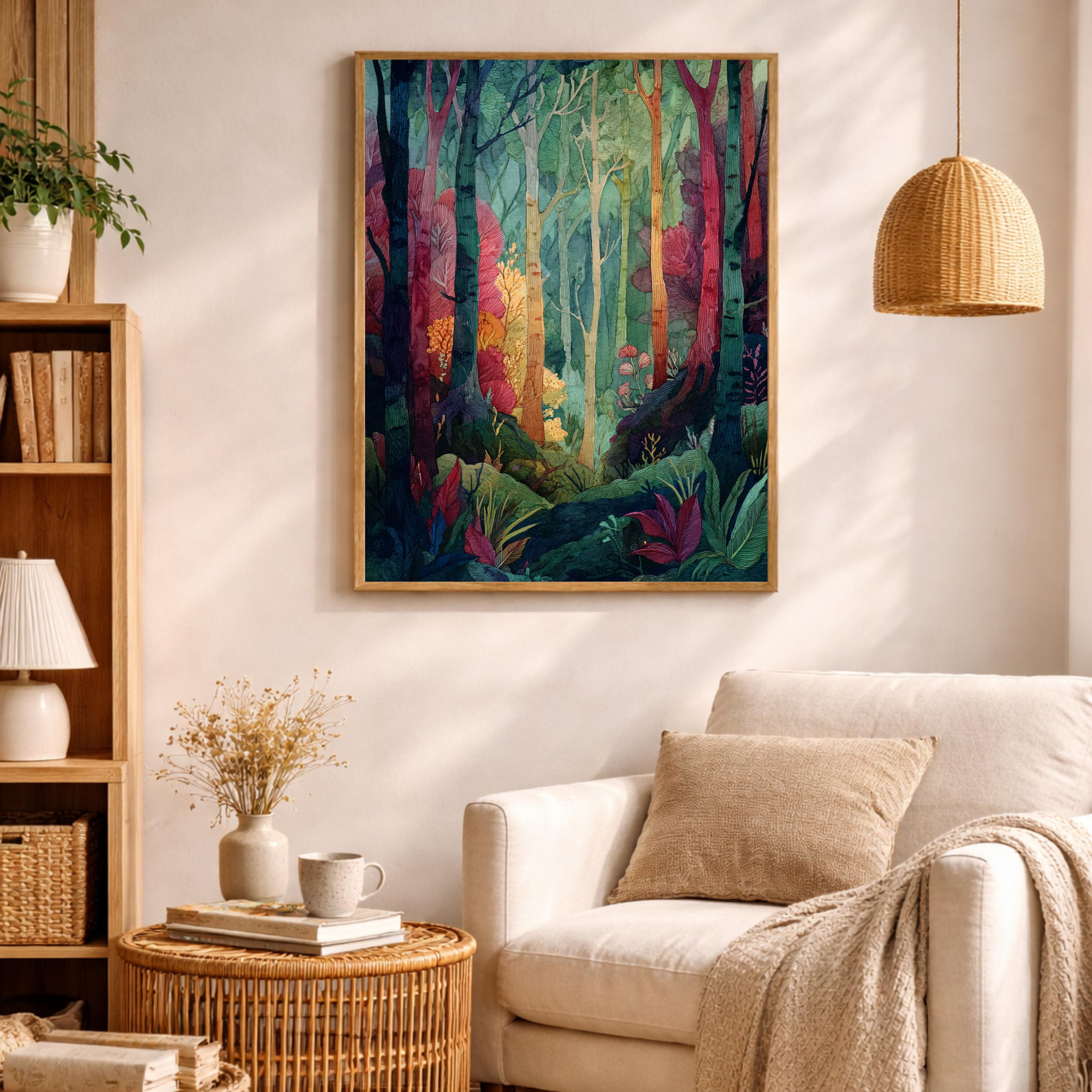 Botanical Forest Wall Art, Colorful Woodland Print, Whimsical Nature Artwork, Decorative Forest Canvas, Artistic Tree Decor for Living Room