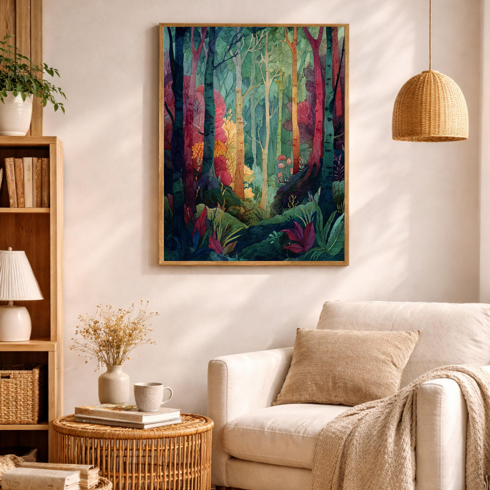 Botanical Forest Wall Art, Colorful Woodland Print, Whimsical Nature Artwork, Decorative Forest Canvas, Artistic Tree Decor for Living Room