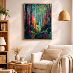 Botanical Forest Wall Art, Colorful Woodland Print, Whimsical Nature Artwork, Decorative Forest Canvas, Artistic Tree Decor for Living Room