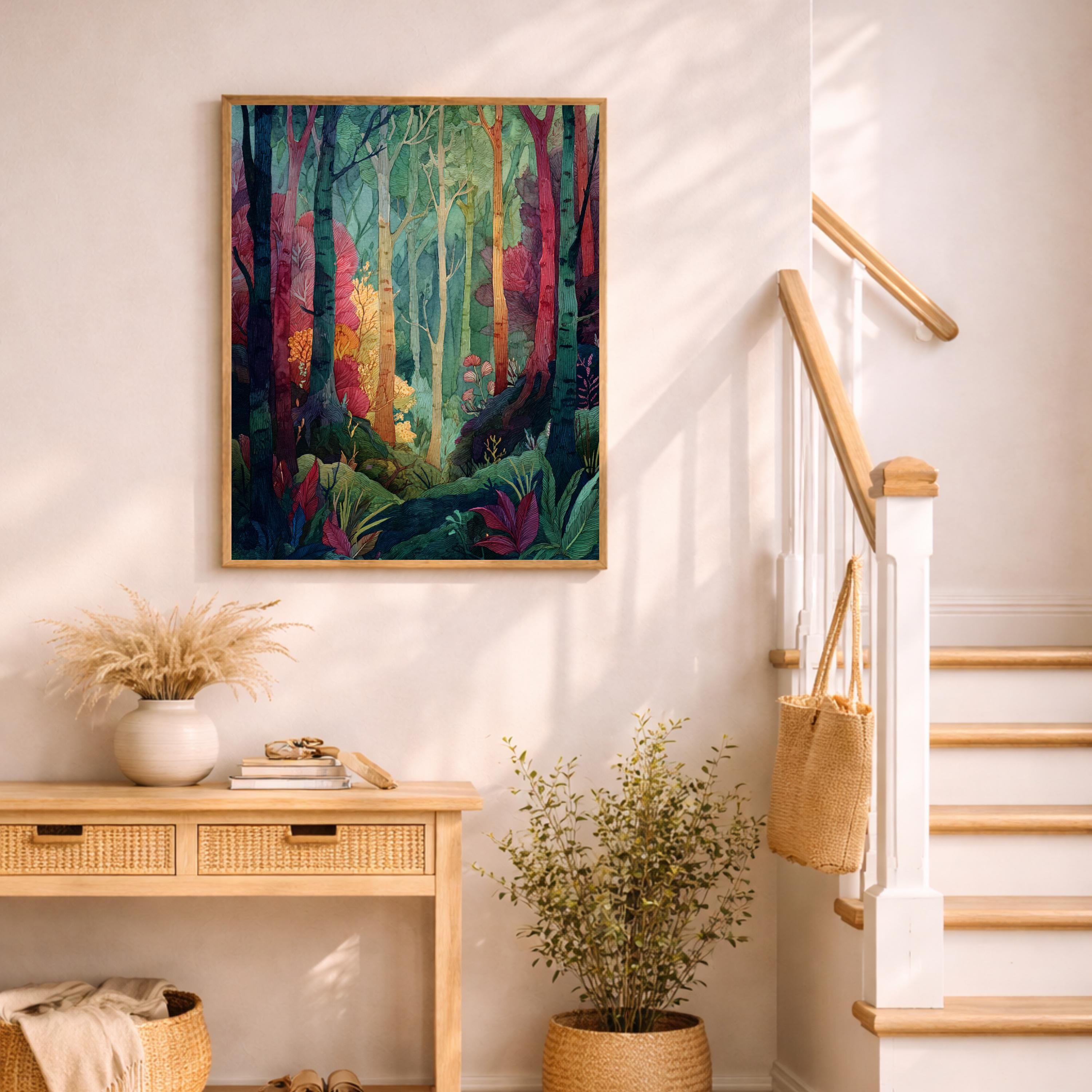 Botanical Forest Wall Art, Colorful Woodland Print, Whimsical Nature Artwork, Decorative Forest Canvas, Artistic Tree Decor for Living Room