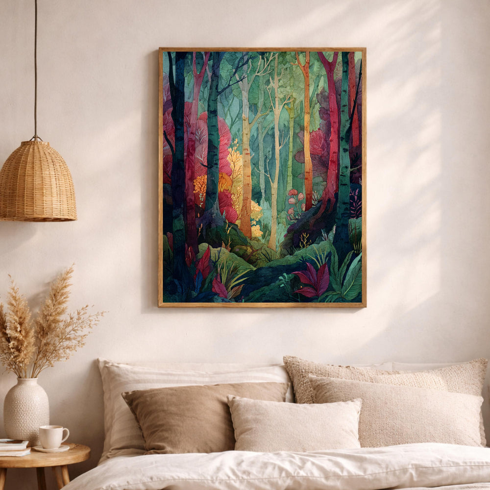 Botanical Forest Wall Art, Colorful Woodland Print, Whimsical Nature Artwork, Decorative Forest Canvas, Artistic Tree Decor for Living Room