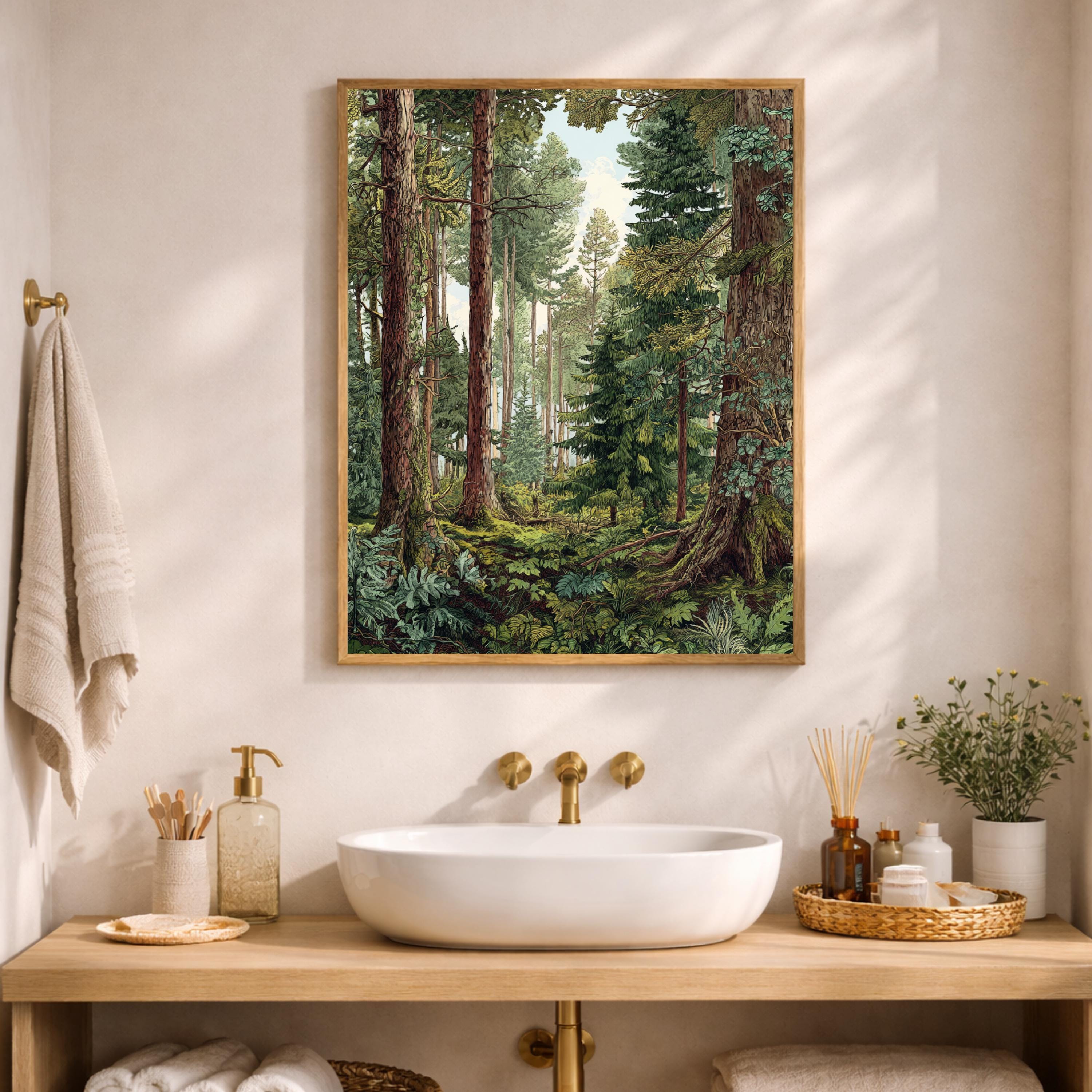 Evergreen Tree Wall Art, Forest Scene Framed Canvas, Woodland Landscape Print, Nature Lover Artwork, Rustic Cabin Decor for Living Room