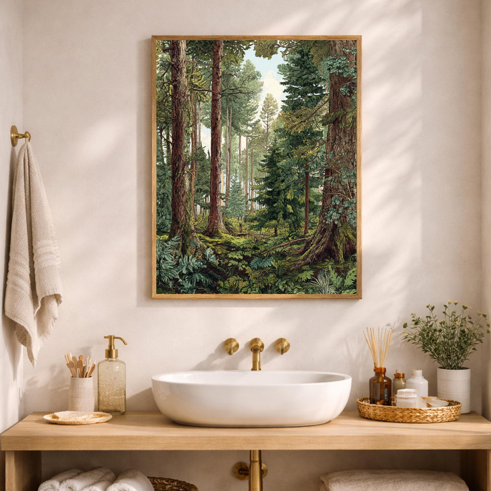Evergreen Tree Wall Art, Forest Scene Framed Canvas, Woodland Landscape Print, Nature Lover Artwork, Rustic Cabin Decor for Living Room