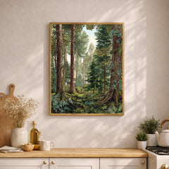 Evergreen Tree Wall Art, Forest Scene Framed Canvas, Woodland Landscape Print, Nature Lover Artwork, Rustic Cabin Decor for Living Room