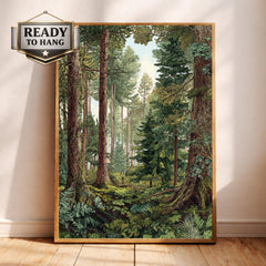 Evergreen Tree Wall Art, Forest Scene Framed Canvas, Woodland Landscape Print, Nature Lover Artwork, Rustic Cabin Decor for Living Room