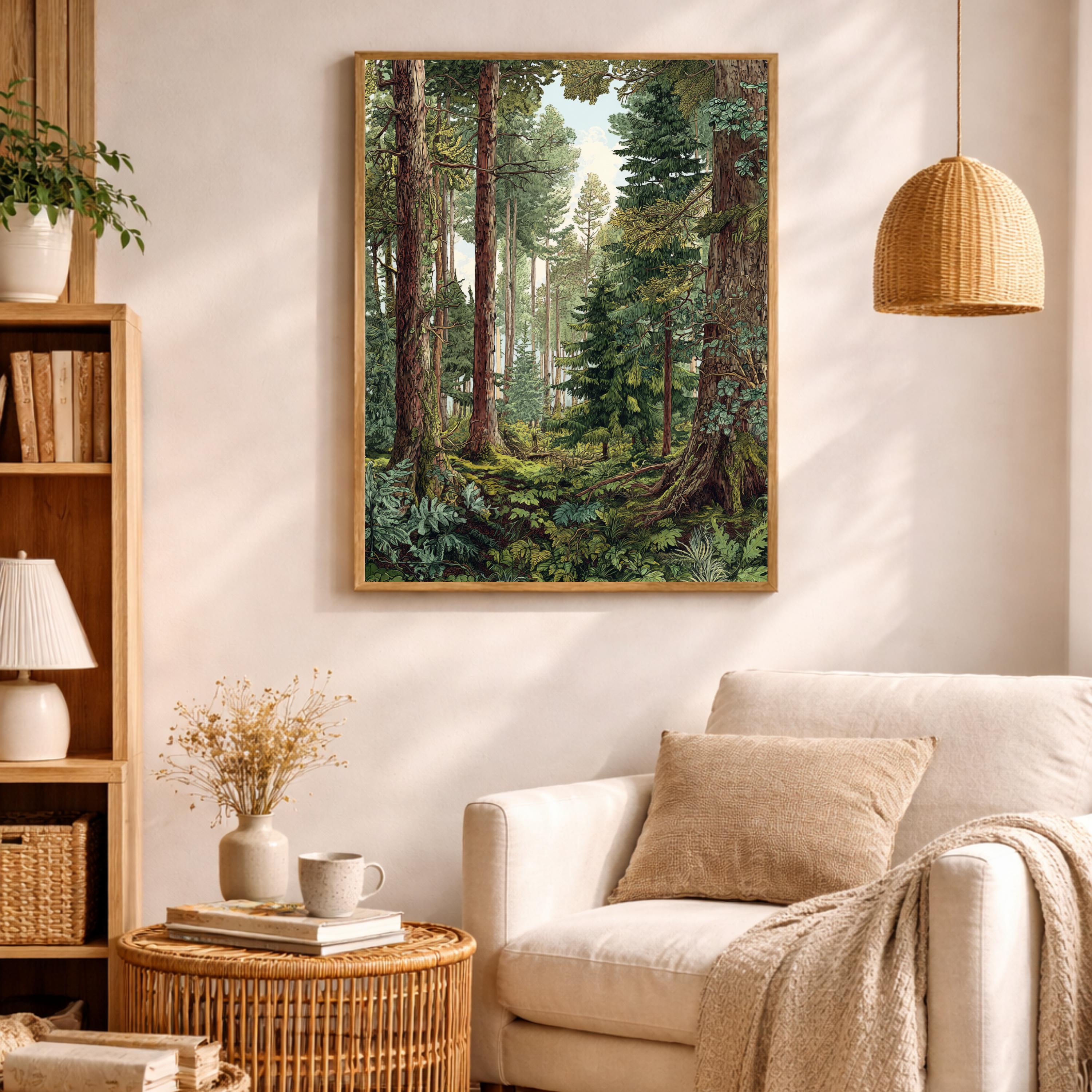 Evergreen Tree Wall Art, Forest Scene Framed Canvas, Woodland Landscape Print, Nature Lover Artwork, Rustic Cabin Decor for Living Room