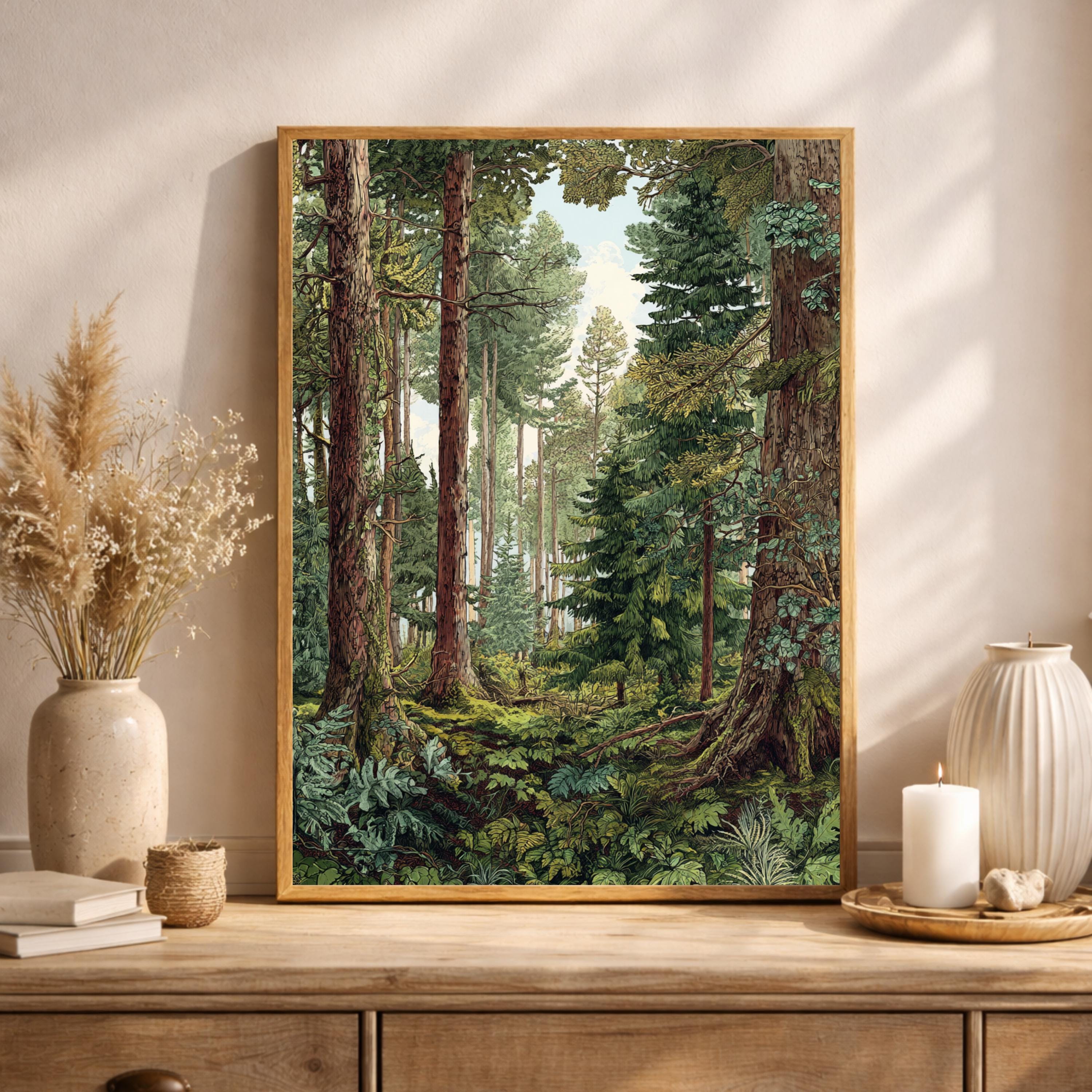Evergreen Tree Wall Art, Forest Scene Framed Canvas, Woodland Landscape Print, Nature Lover Artwork, Rustic Cabin Decor for Living Room