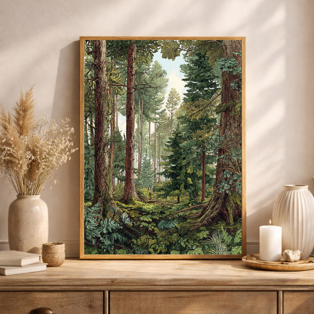 Evergreen Tree Wall Art, Forest Scene Framed Canvas, Woodland Landscape Print, Nature Lover Artwork, Rustic Cabin Decor for Living Room