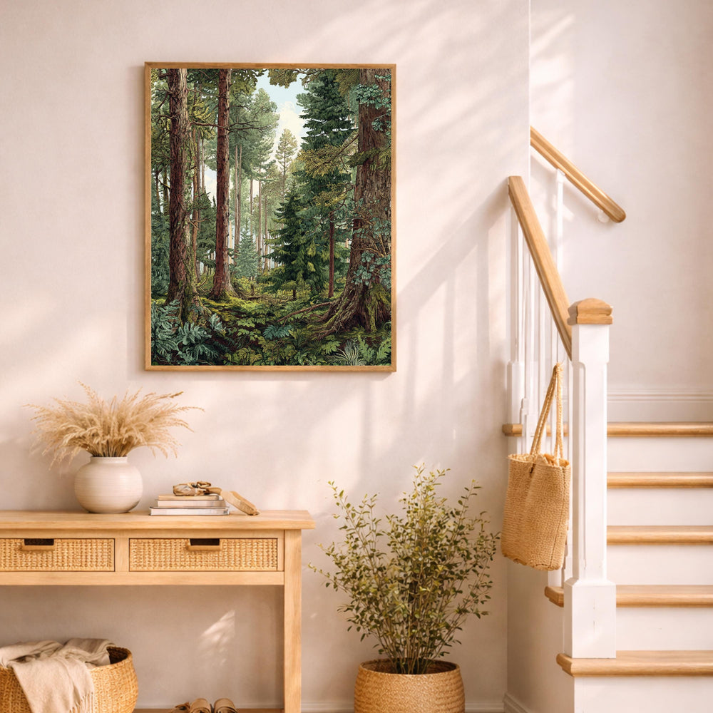 Evergreen Tree Wall Art, Forest Scene Framed Canvas, Woodland Landscape Print, Nature Lover Artwork, Rustic Cabin Decor for Living Room