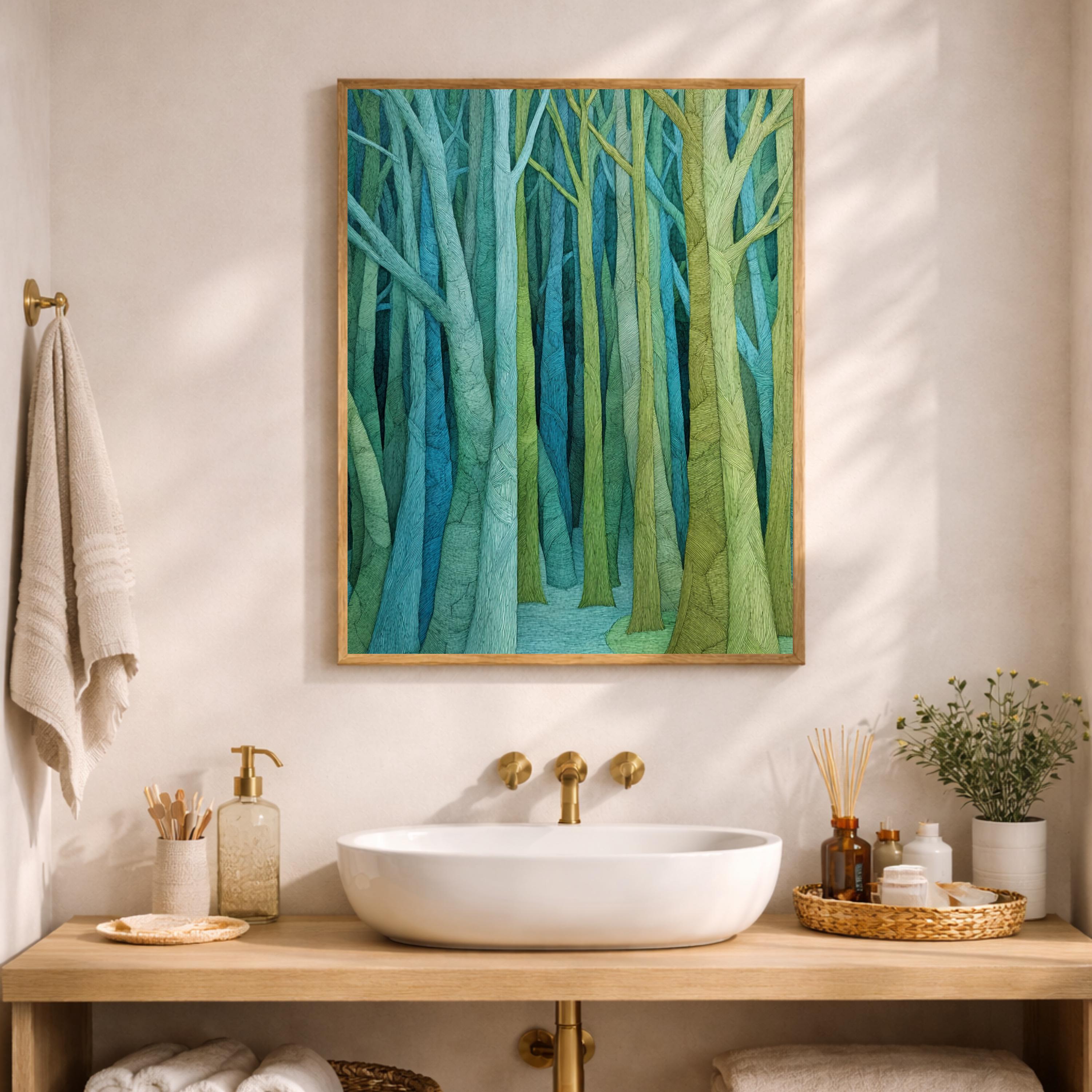 Abstract Forest Wall Art, Green Tree Print, Modern Woodland Artwork, Minimal Nature Decor, Minimalist Forest Canvas for Living Room
