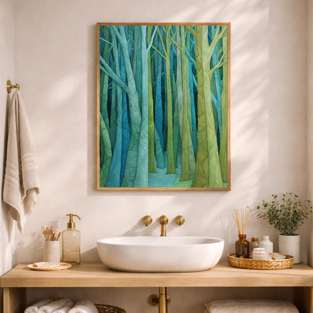 Abstract Forest Wall Art, Green Tree Print, Modern Woodland Artwork, Minimal Nature Decor, Minimalist Forest Canvas for Living Room