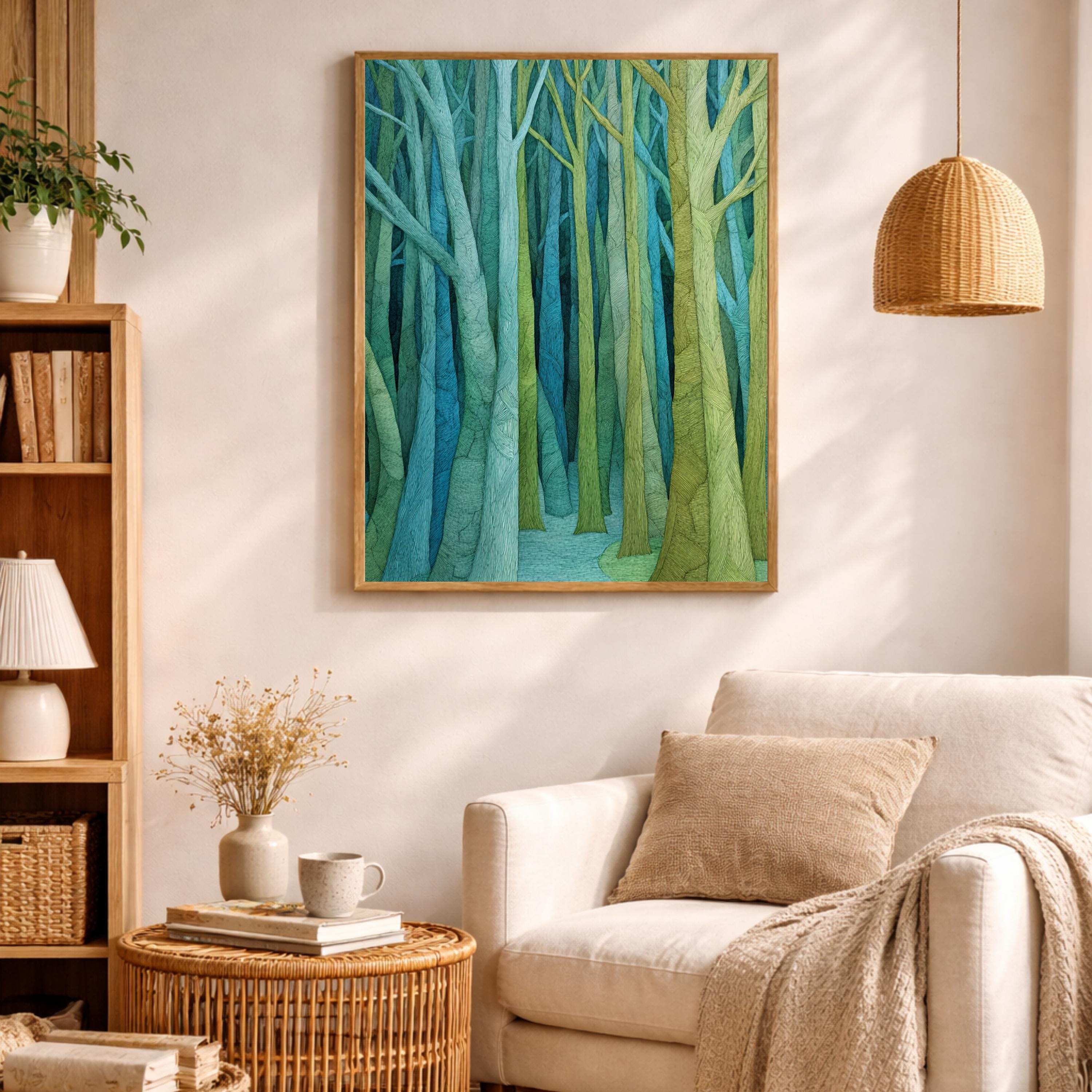 Abstract Forest Wall Art, Green Tree Print, Modern Woodland Artwork, Minimal Nature Decor, Minimalist Forest Canvas for Living Room