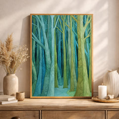Abstract Forest Wall Art, Green Tree Print, Modern Woodland Artwork, Minimal Nature Decor, Minimalist Forest Canvas for Living Room