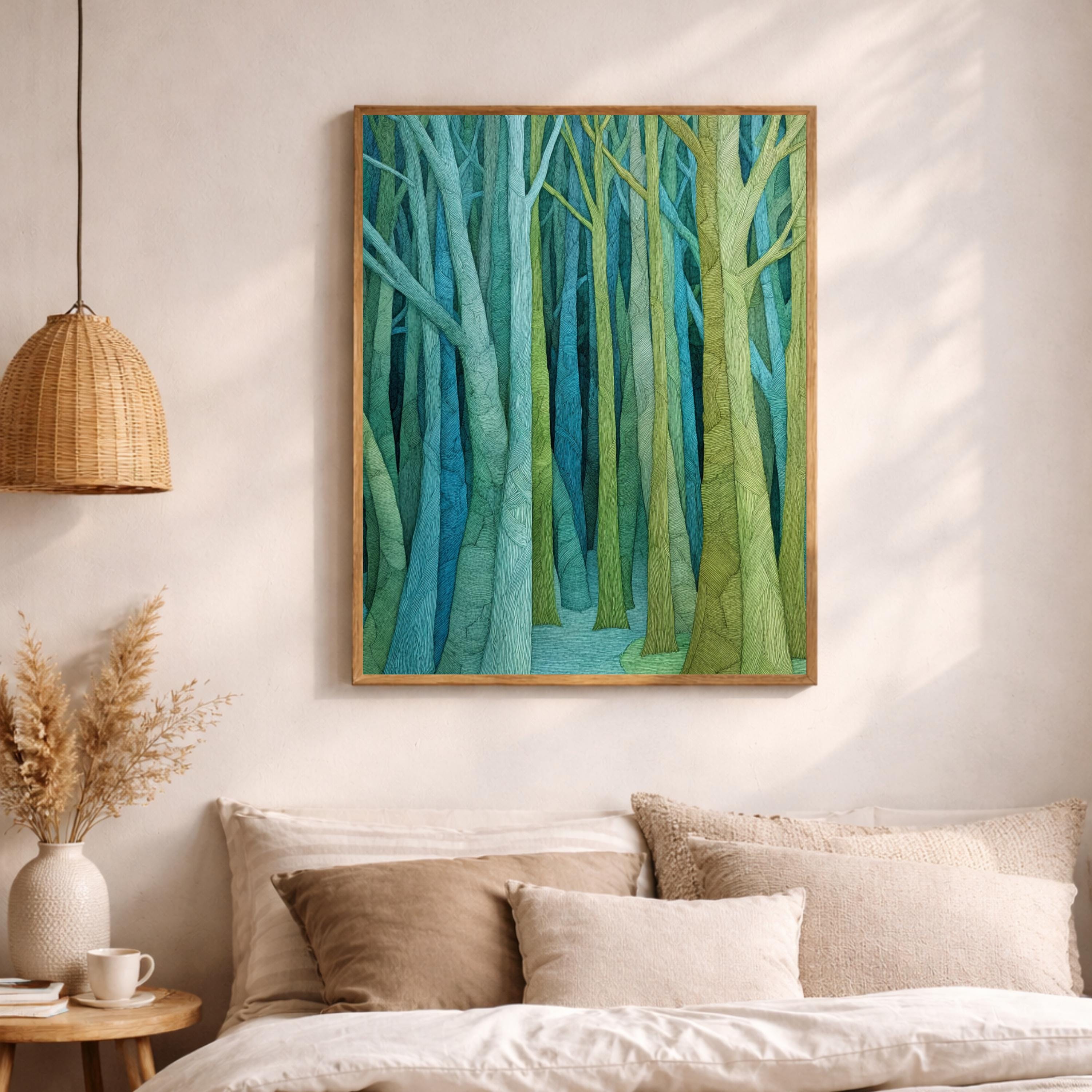 Abstract Forest Wall Art, Green Tree Print, Modern Woodland Artwork, Minimal Nature Decor, Minimalist Forest Canvas for Living Room
