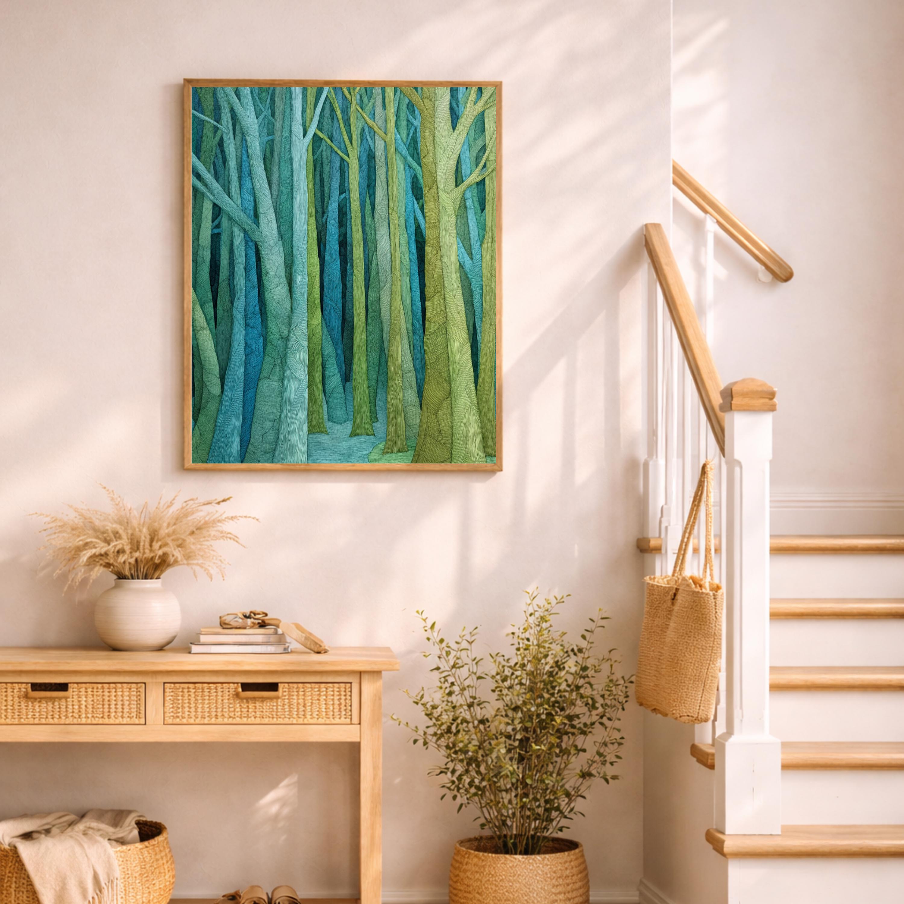Abstract Forest Wall Art, Green Tree Print, Modern Woodland Artwork, Minimal Nature Decor, Minimalist Forest Canvas for Living Room