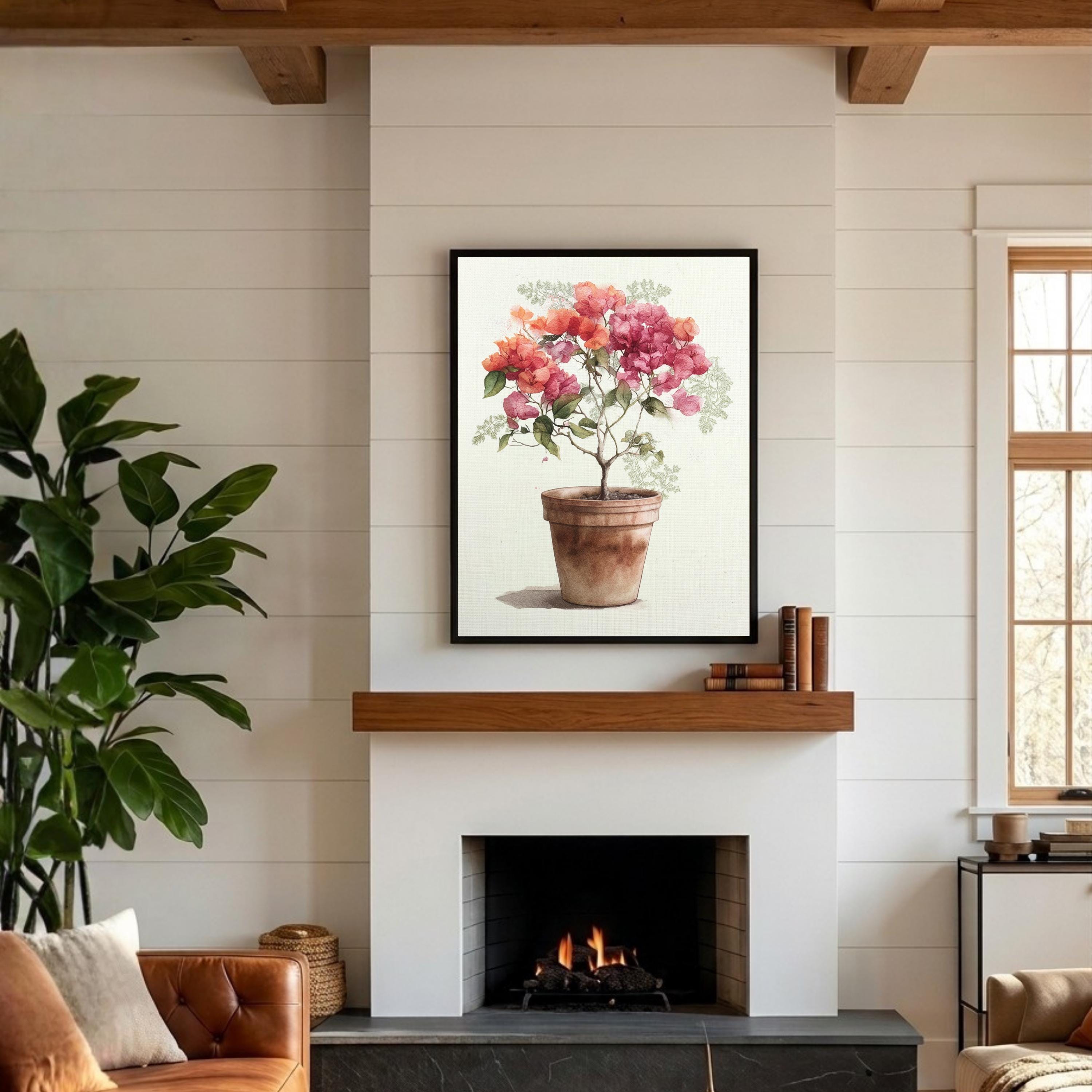 Bougainvillea Plant Wall Art Canvas, Potted Floral Wall Decor, Mediterranean Plant Wall Art Print, Kitchen Shelf Wall Decor Canvas