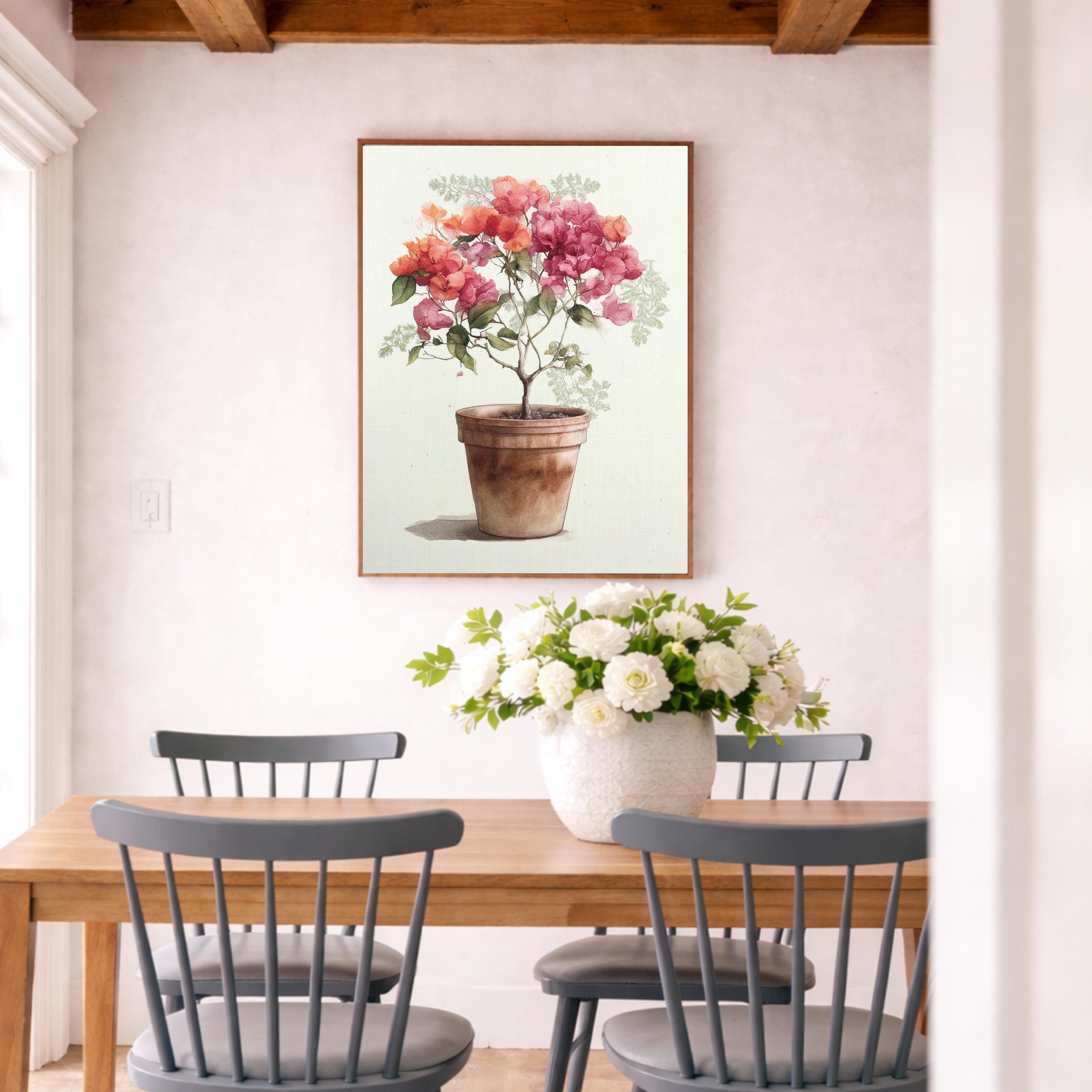 Bougainvillea Plant Wall Art Canvas, Potted Floral Wall Decor, Mediterranean Plant Wall Art Print, Kitchen Shelf Wall Decor Canvas