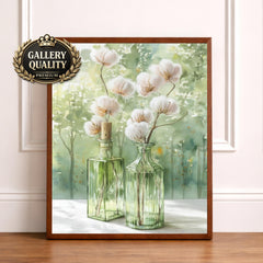 Cotton Stems Wall Art Canvas, Farmhouse Kitchen Wall Decor, Large Framed Rustic Bottle Vase Wall Art Print, Neutral Tabletop Decor Canvas