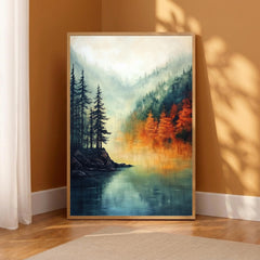 Lake Landscape Wall Art Print, Misty Forest Lake Decor, Autumn Reflection Wall Decor, Serene Nature Canvas Art, Calm Scenic Home Decor