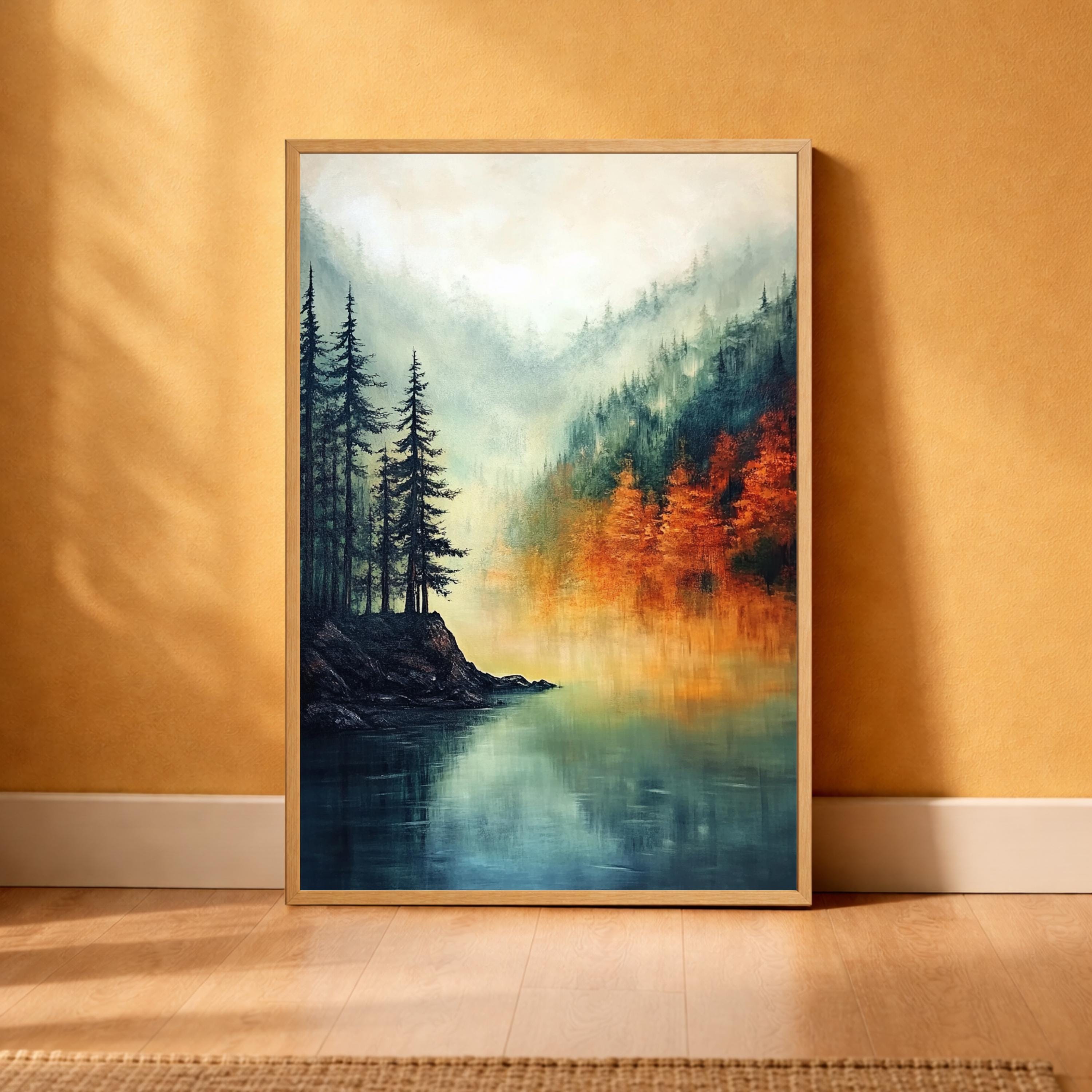 Lake Landscape Wall Art Print, Misty Forest Lake Decor, Autumn Reflection Wall Decor, Serene Nature Canvas Art, Calm Scenic Home Decor