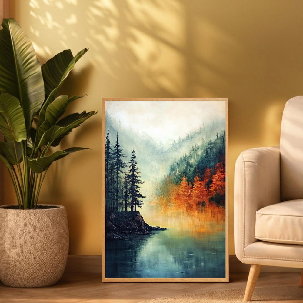 Lake Landscape Wall Art Print, Misty Forest Lake Decor, Autumn Reflection Wall Decor, Serene Nature Canvas Art, Calm Scenic Home Decor