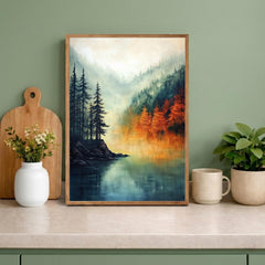 Lake Landscape Wall Art Print, Misty Forest Lake Decor, Autumn Reflection Wall Decor, Serene Nature Canvas Art, Calm Scenic Home Decor