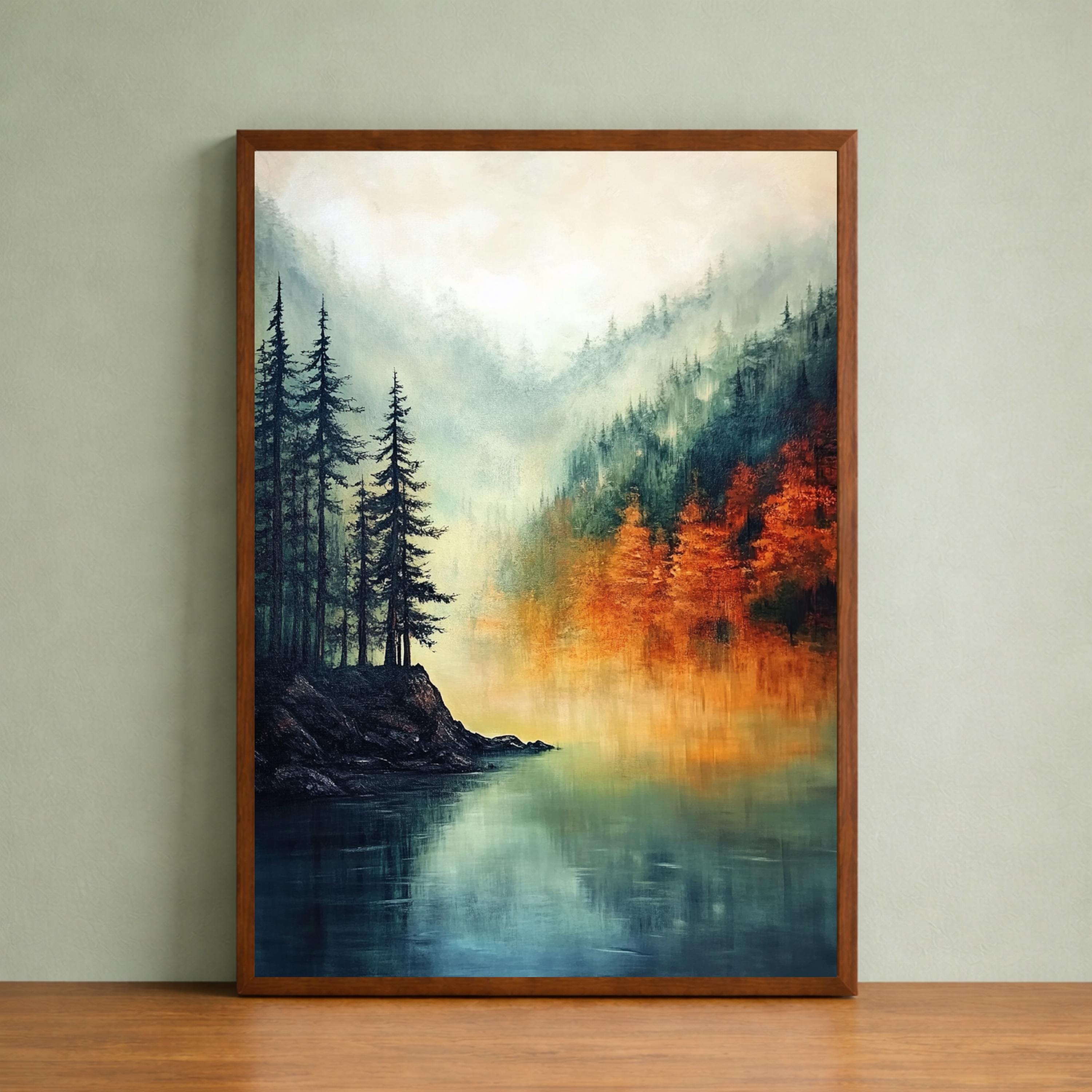 Lake Landscape Wall Art Print, Misty Forest Lake Decor, Autumn Reflection Wall Decor, Serene Nature Canvas Art, Calm Scenic Home Decor
