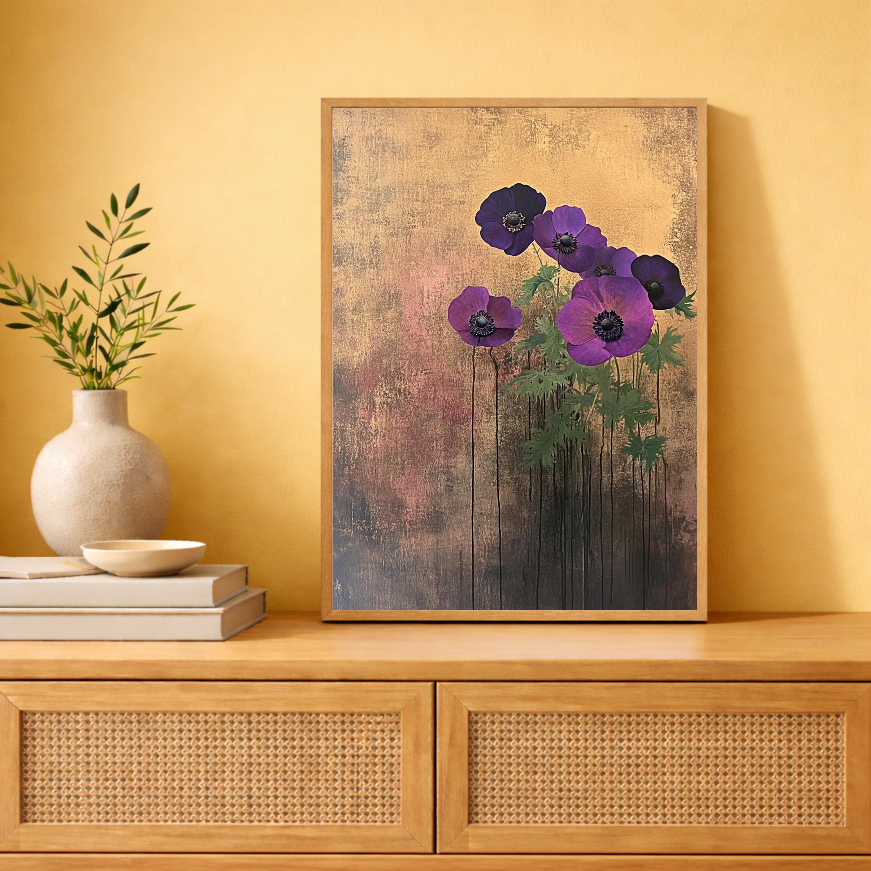 Poppy Flower Wall Art Print, Purple Floral Wall Decor, Moody Botanical Artwork, Modern Flower Canvas Art, Elegant Home Decor