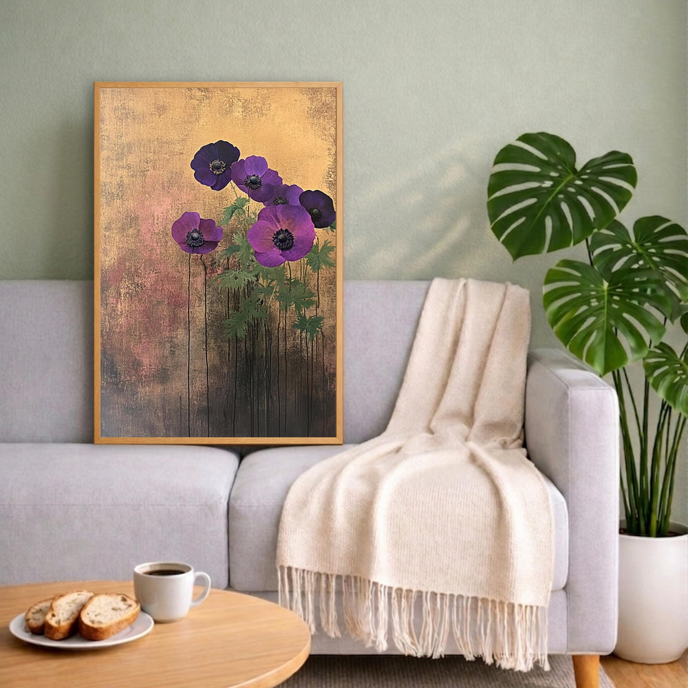 Poppy Flower Wall Art Print, Purple Floral Wall Decor, Moody Botanical Artwork, Modern Flower Canvas Art, Elegant Home Decor