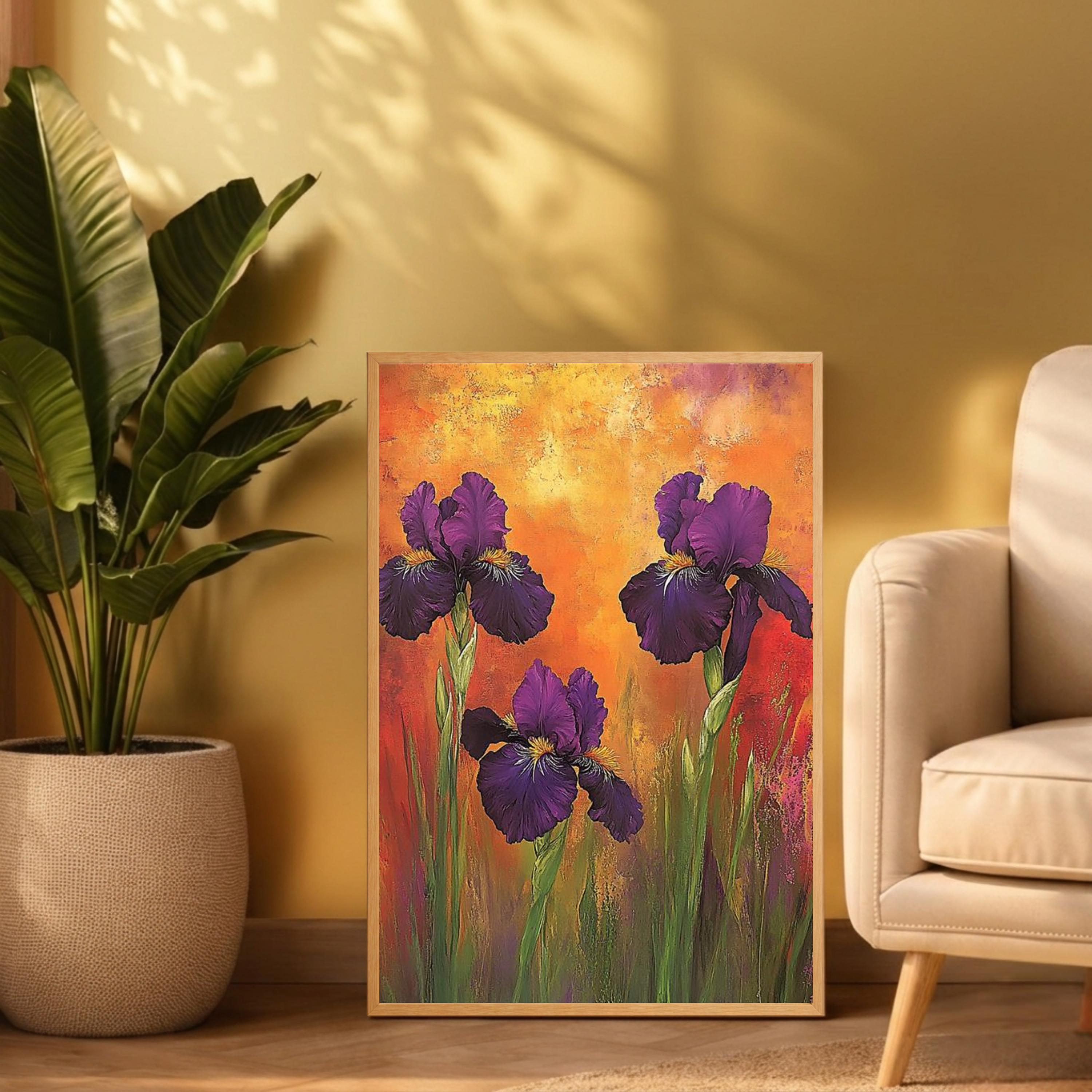 Purple Iris Wall Art Print, Bold Floral Botanical Decor, Vibrant Home Interior Canvas, Colorful Flower Wall Decor, Modern Botanical Artwork