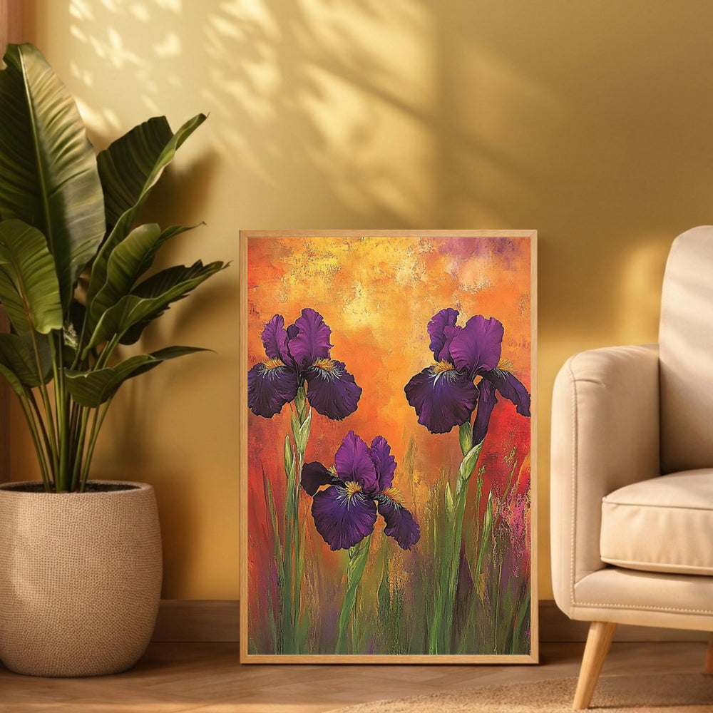 Purple Iris Wall Art Print, Bold Floral Botanical Decor, Vibrant Home Interior Canvas, Colorful Flower Wall Decor, Modern Botanical Artwork