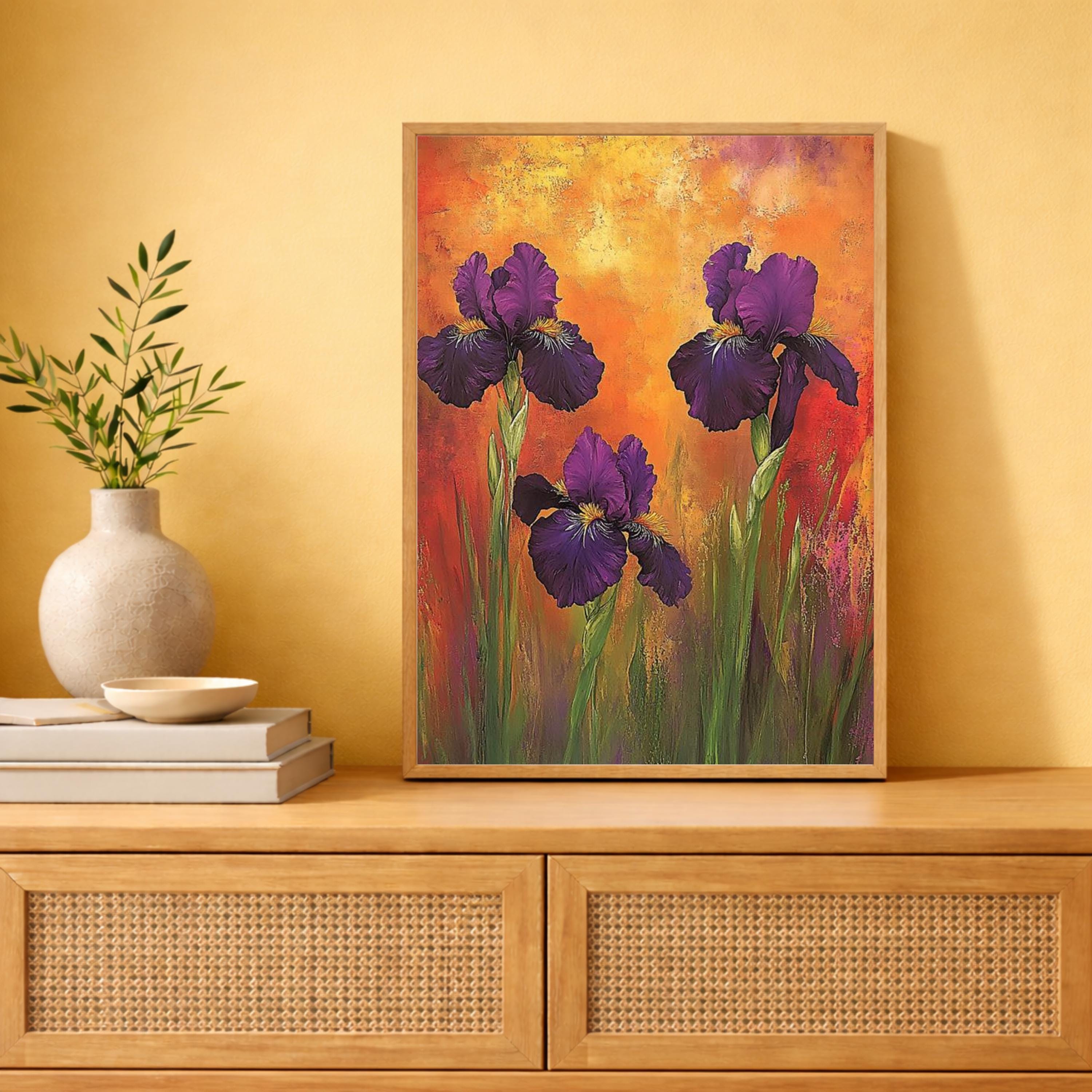 Purple Iris Wall Art Print, Bold Floral Botanical Decor, Vibrant Home Interior Canvas, Colorful Flower Wall Decor, Modern Botanical Artwork