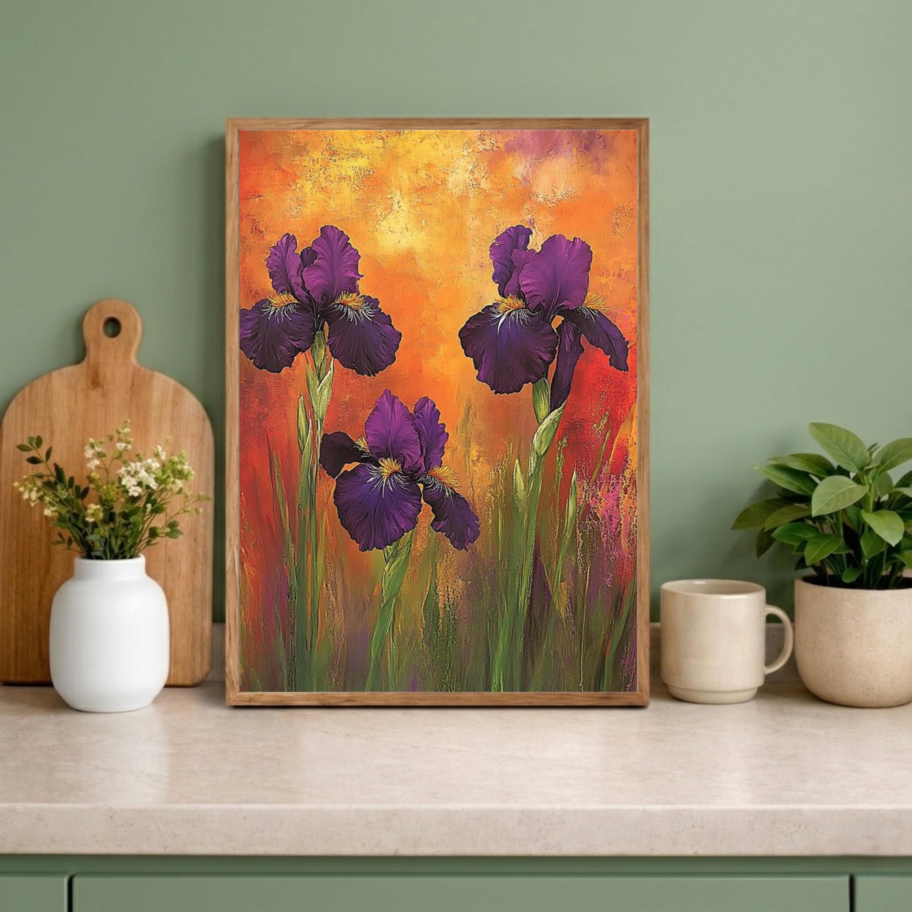 Purple Iris Wall Art Print, Bold Floral Botanical Decor, Vibrant Home Interior Canvas, Colorful Flower Wall Decor, Modern Botanical Artwork